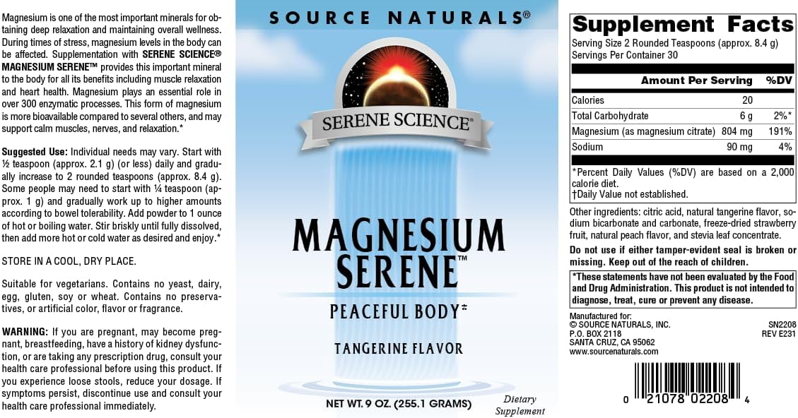 Source Naturals Serene Science Magnesium Serene Powder, Tangerine Flavored - 9 Ounce for a Calm and Peaceful Body