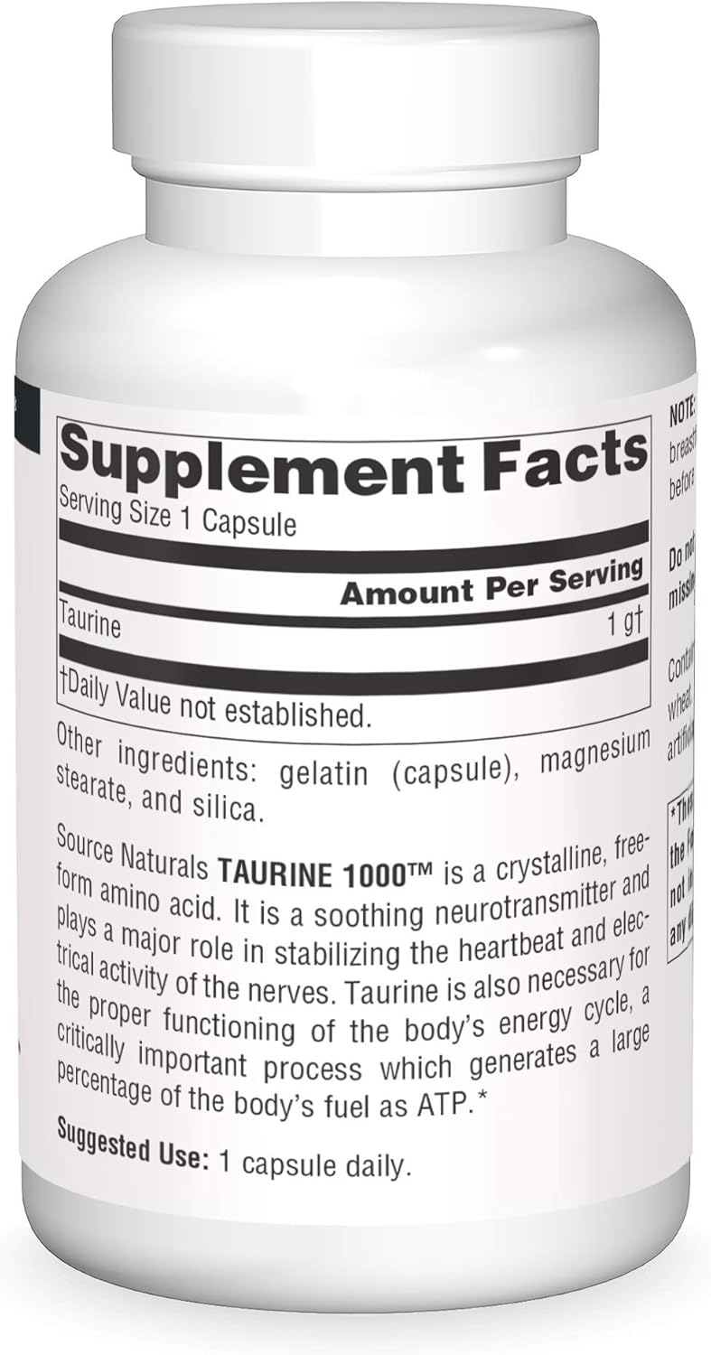 Source Naturals Taurine Capsules - 1000mg, 240 Count, Supports Neurotransmitter Function