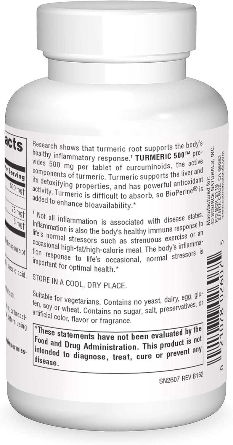 Source Naturals Turmeric 500mg Tablets for Supporting Healthy Inflammation Response in the Body - 120 Tablets