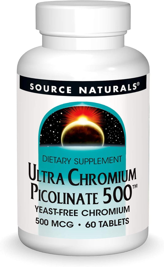 Source Naturals Ultra Chromium Picolinate 500 mcg - 60 Tablets, Yeast-Free Dietary Supplement for Balanced Blood Sugar.