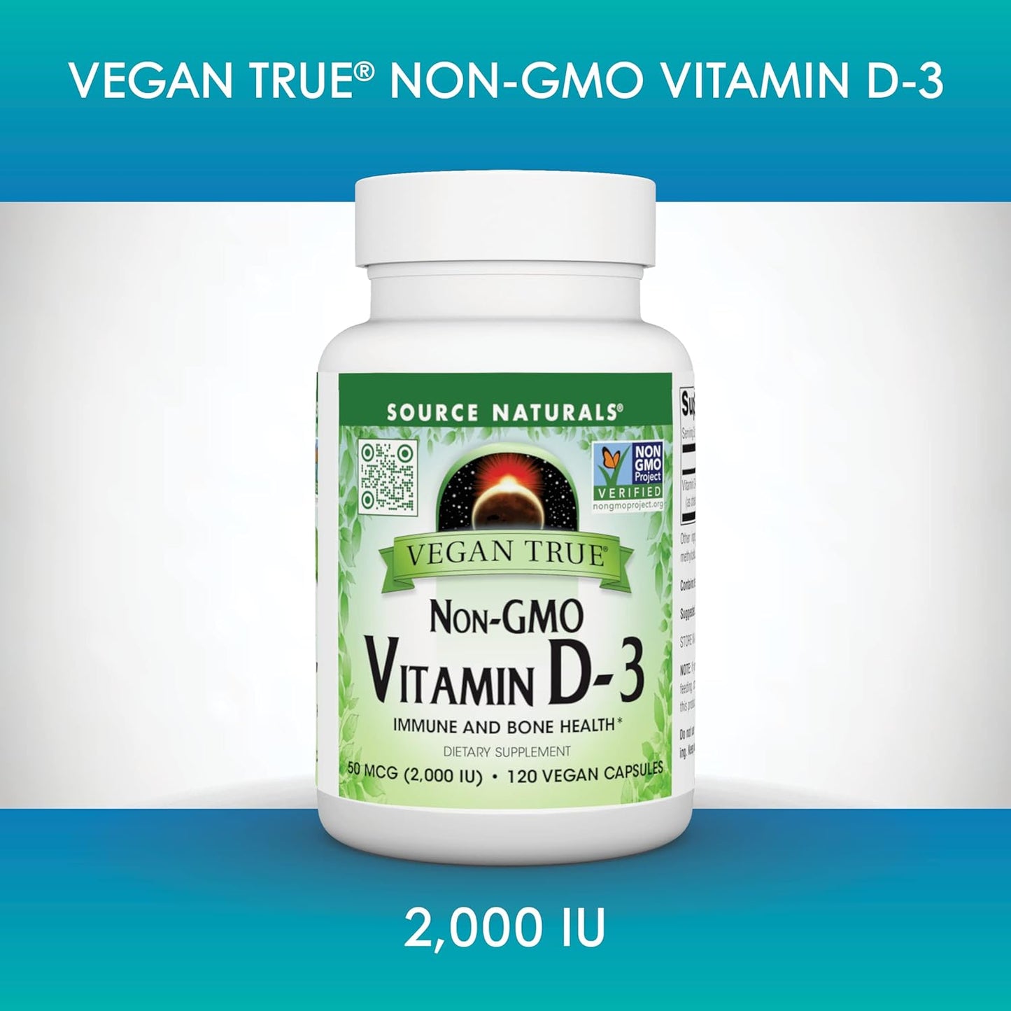 Source Naturals Vegan True Non-GMO Vitamin D-3 2,000 IU Supplement for Immune and Bone Health - 90 Capsules