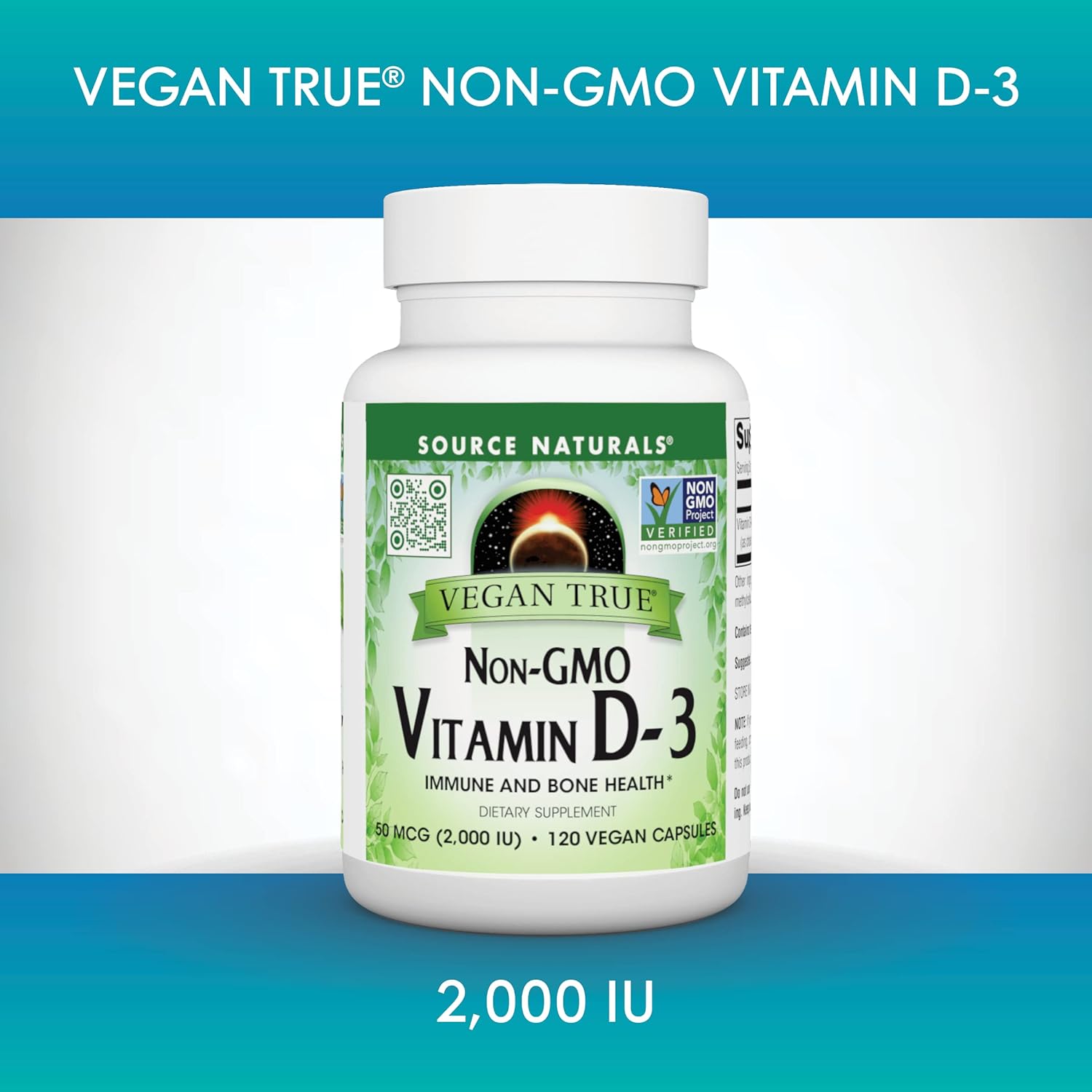 Source Naturals Vegan True Non-GMO Vitamin D-3 2,000 IU Supplement for Immune and Bone Health - 90 Capsules