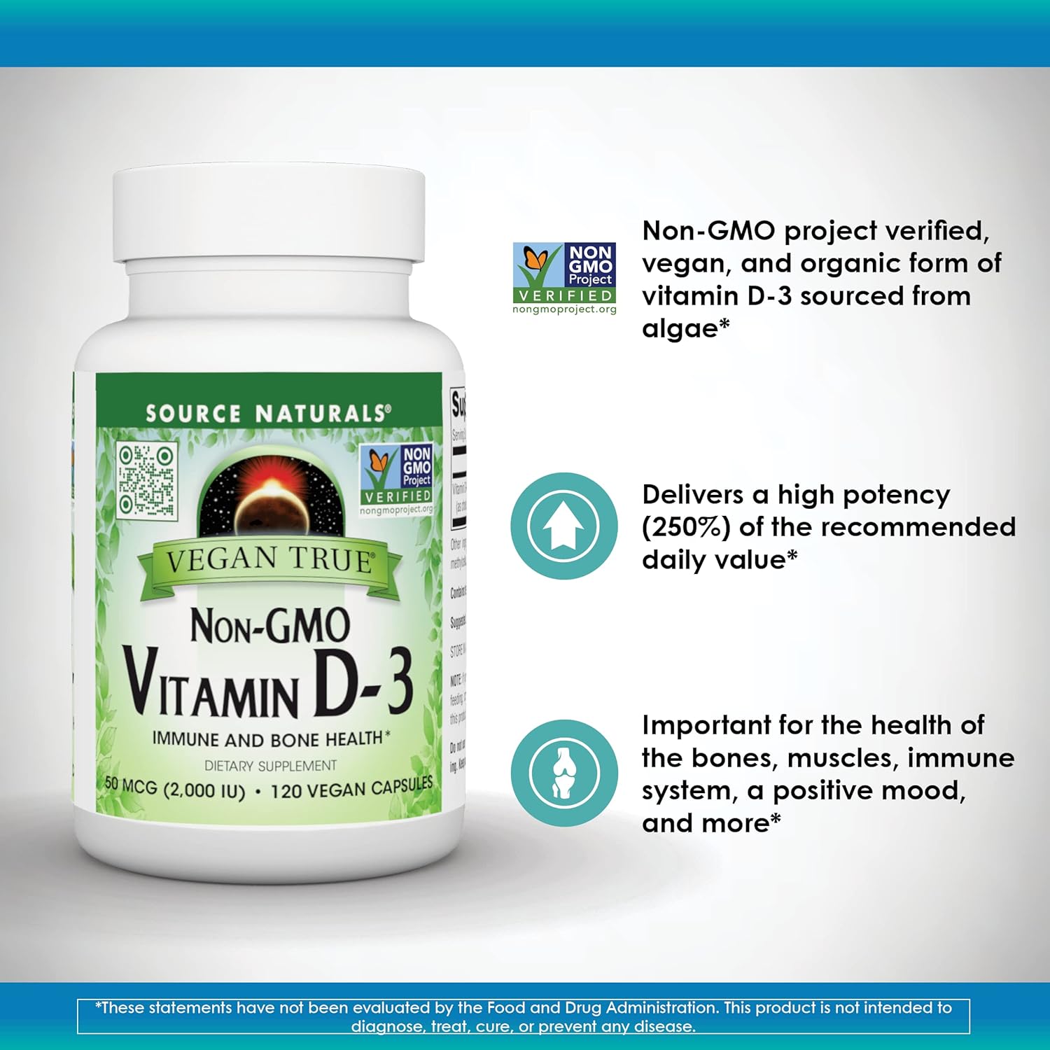 Source Naturals Vegan True Non-GMO Vitamin D-3 2,000 IU Supplement for Immune and Bone Health - 90 Capsules