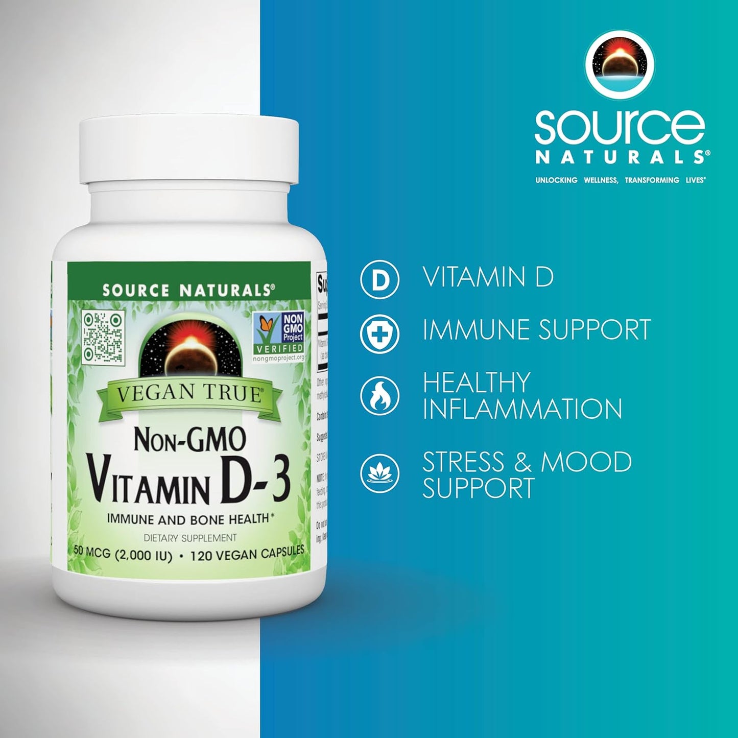 Source Naturals Vegan True Non-GMO Vitamin D-3 2,000 IU Supplement for Immune and Bone Health - 90 Capsules
