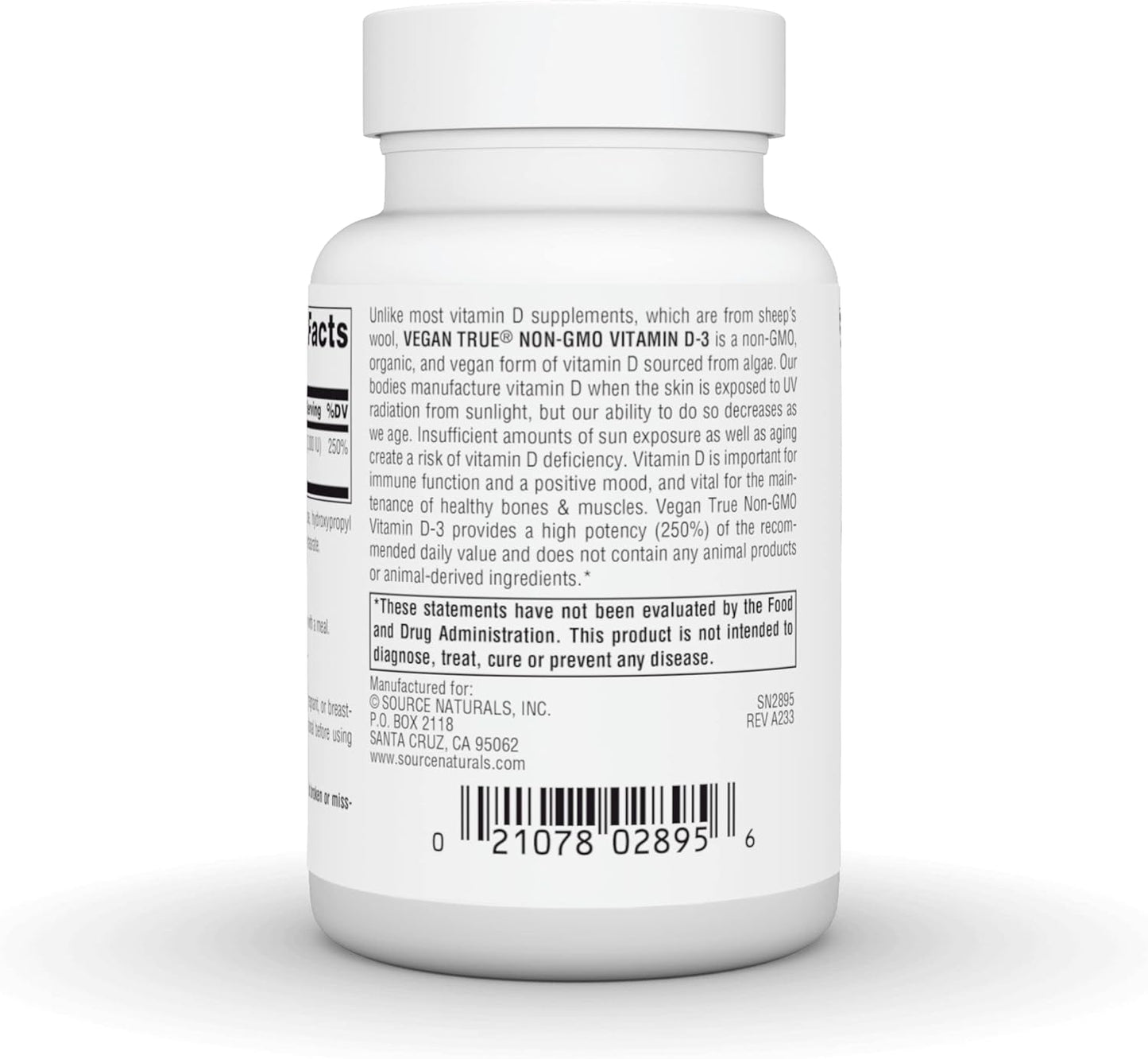 Source Naturals Vegan True Non-GMO Vitamin D-3 2,000 IU Supplement for Immune and Bone Health - 90 Capsules