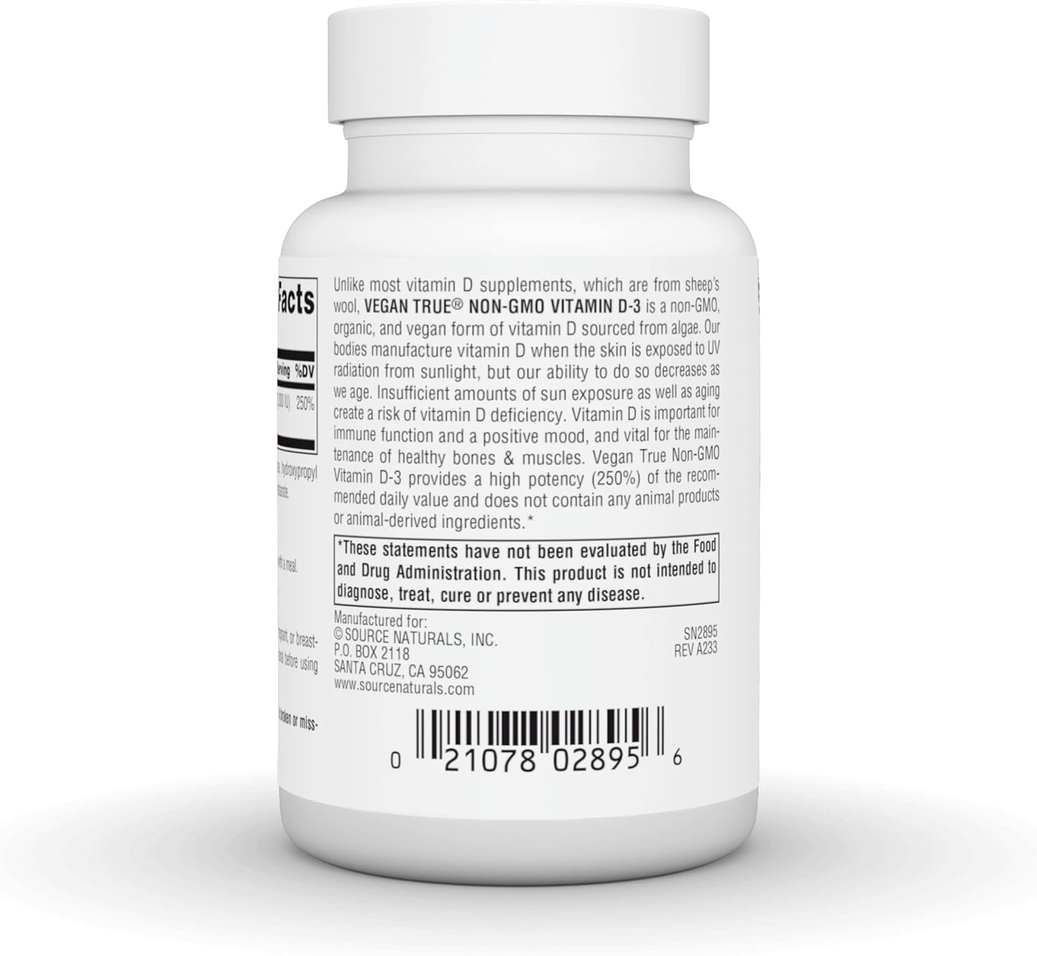 Source Naturals Vegan True Non-GMO Vitamin D-3 2,000 IU Supplement for Immune and Bone Health - 90 Capsules