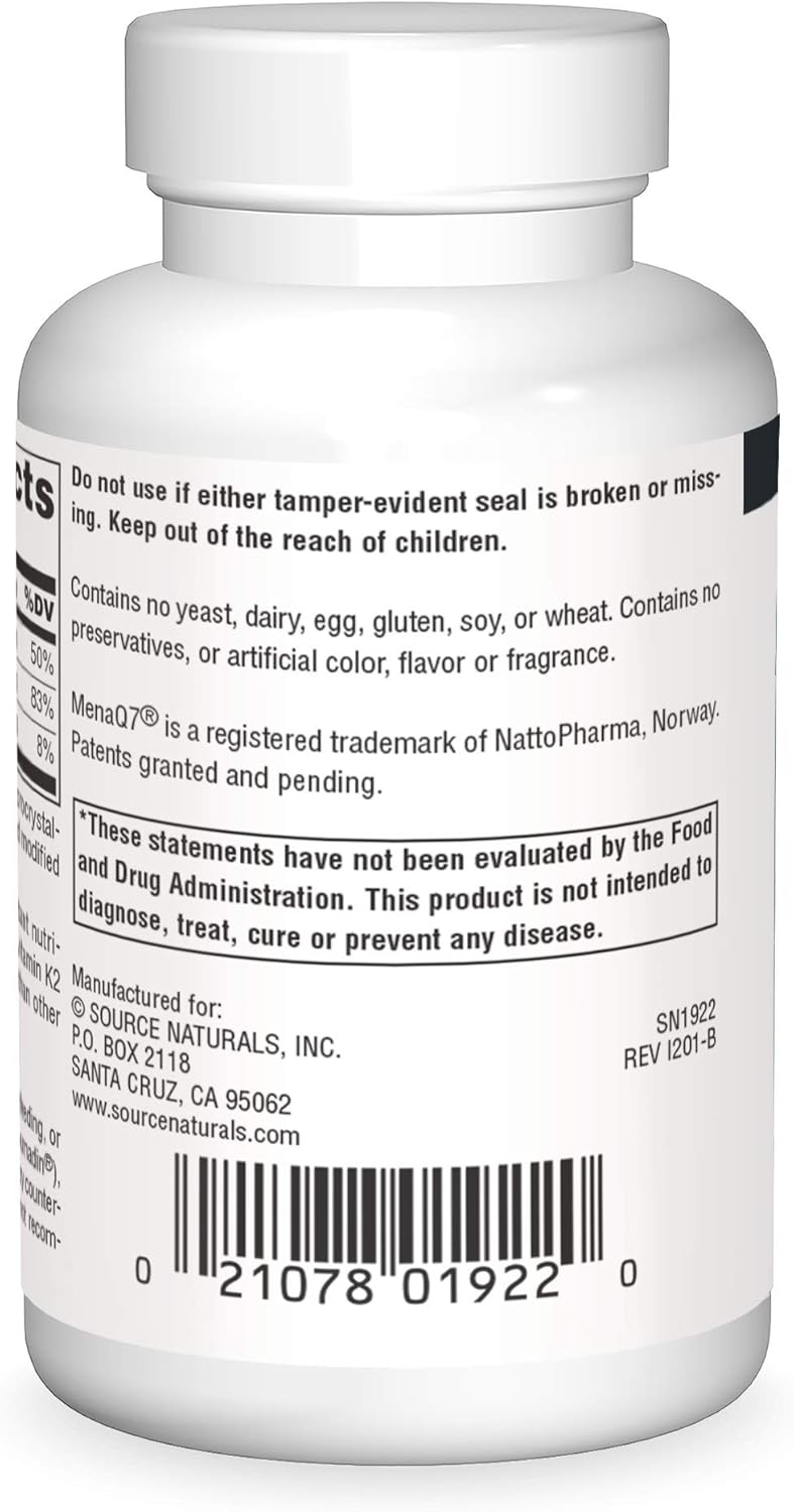 Source Naturals Vitamin K2 + D3 Complex with Calcium - 400 IU D3 & 100 mcg K2 (MK-7) - 60 Tablets for Bone & Heart Health