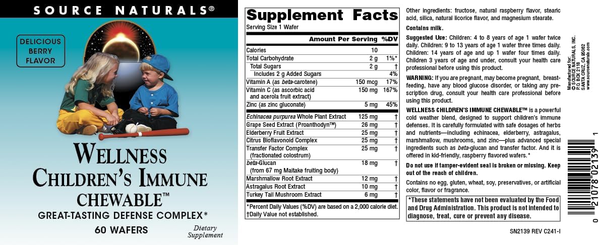 Source Naturals Wellness Children's Immune Chewable Wafers - Berry Flavored Defense Complex for Kids - 60 Count