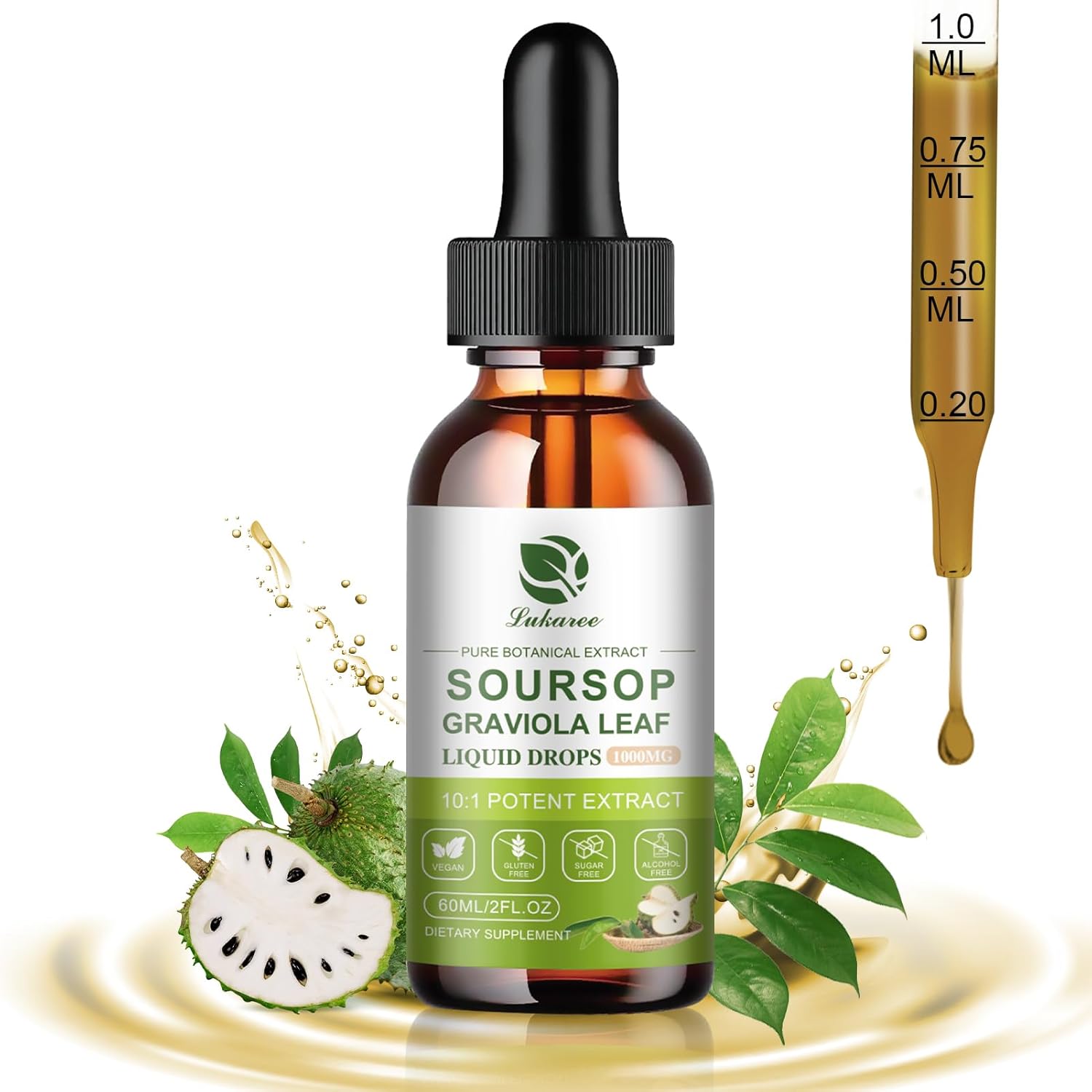 Soursop Bitters Liquid: Cell Support, Antioxidant, Immune Boost - 1 Month Supply - Gluten-Free, Sugar-Free - 2 FL OZ