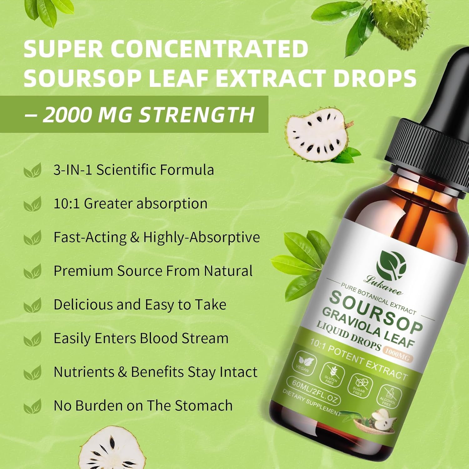 Soursop Bitters Liquid: Cell Support, Antioxidant, Immune Boost - 1 Month Supply - Gluten-Free, Sugar-Free - 2 FL OZ