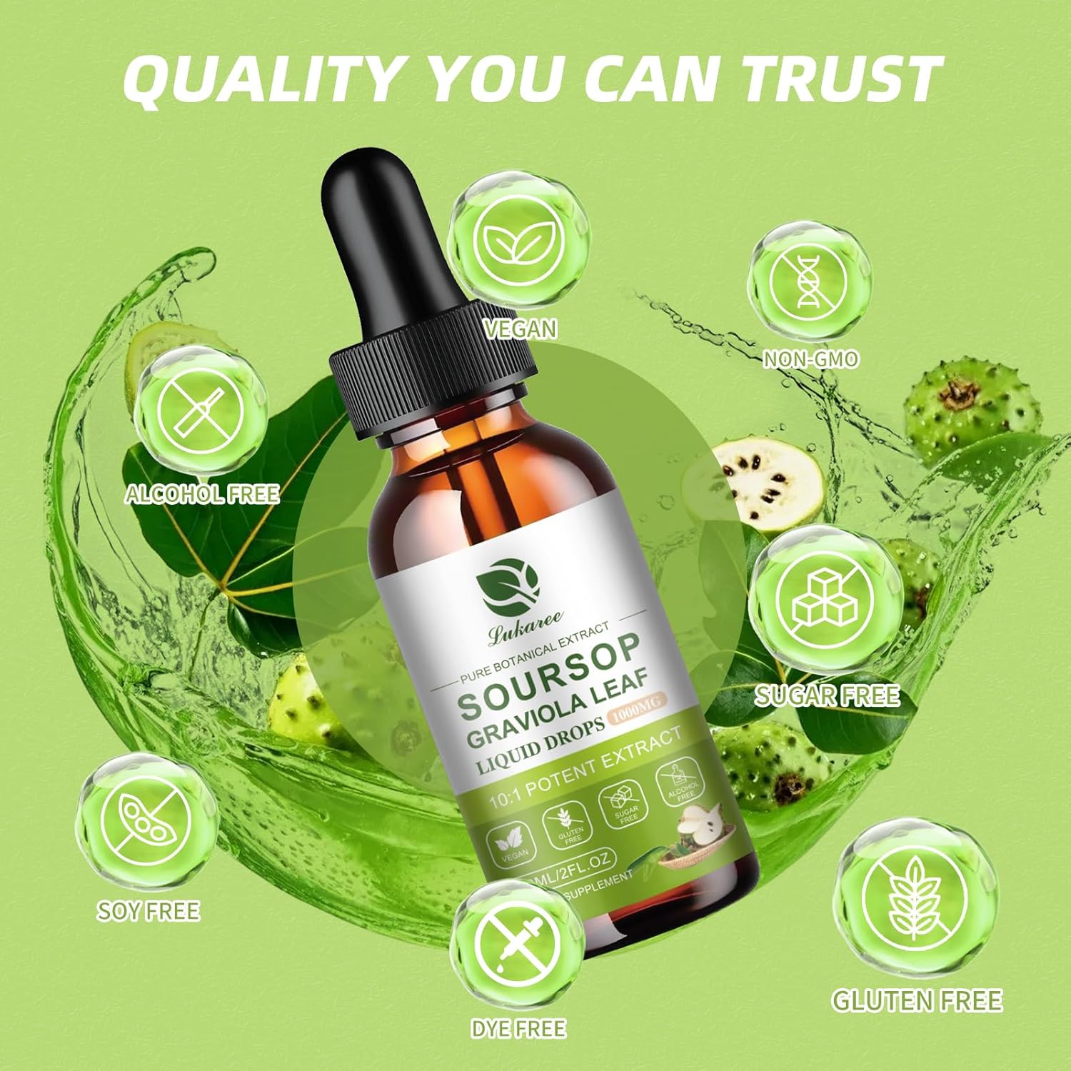 Soursop Bitters Liquid: Cell Support, Antioxidant, Immune Boost - 1 Month Supply - Gluten-Free, Sugar-Free - 2 FL OZ