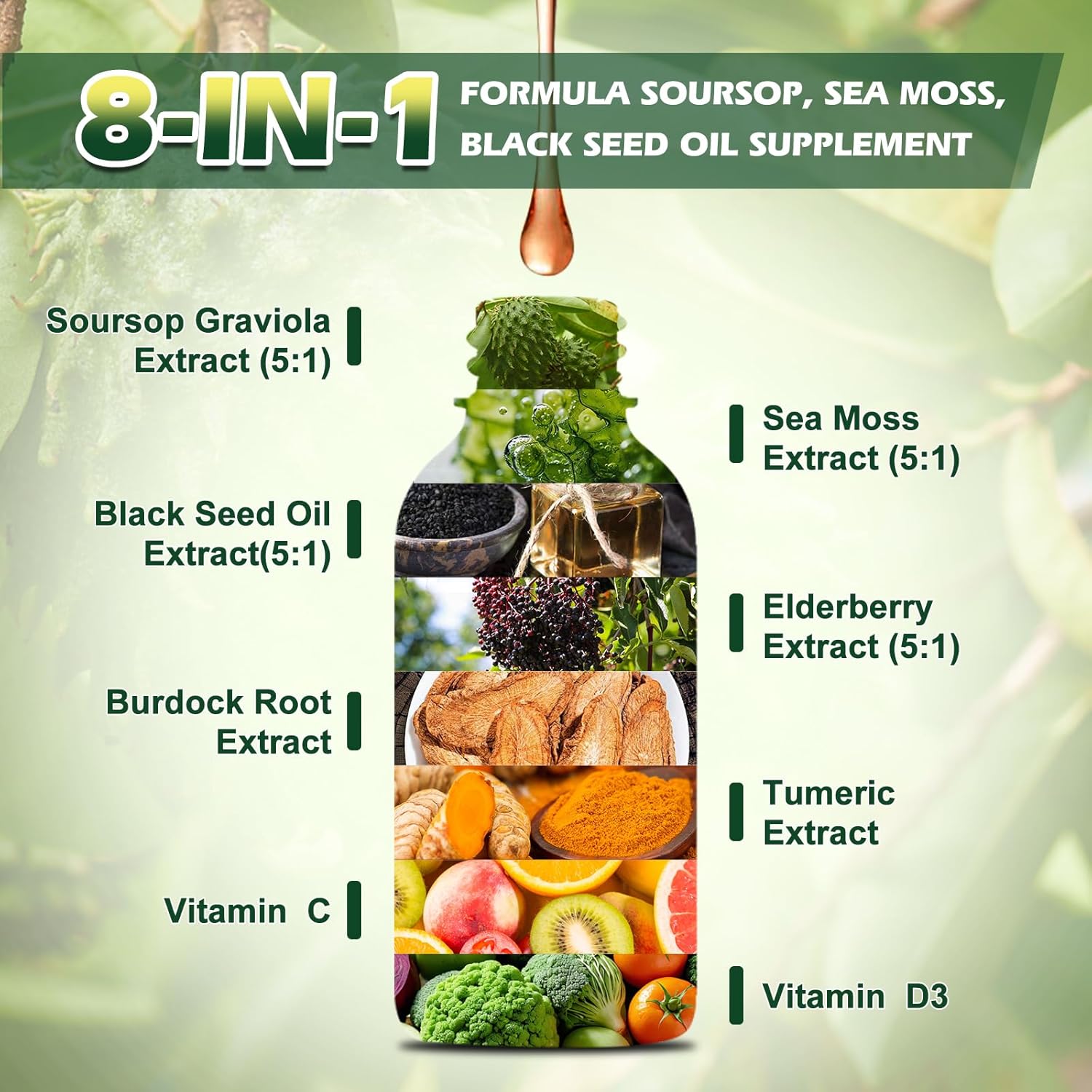 Soursop Bitters Liquid Drops with Sea Moss Black Seed Oil - Antioxidant Support for Gut Cleanse, Detox & Immunity