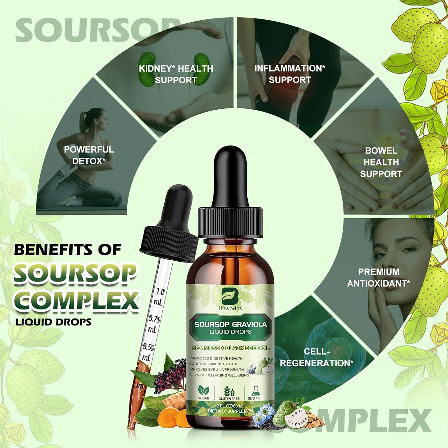 Soursop Bitters Liquid Drops with Sea Moss Black Seed Oil - Antioxidant Support for Gut Cleanse, Detox & Immunity