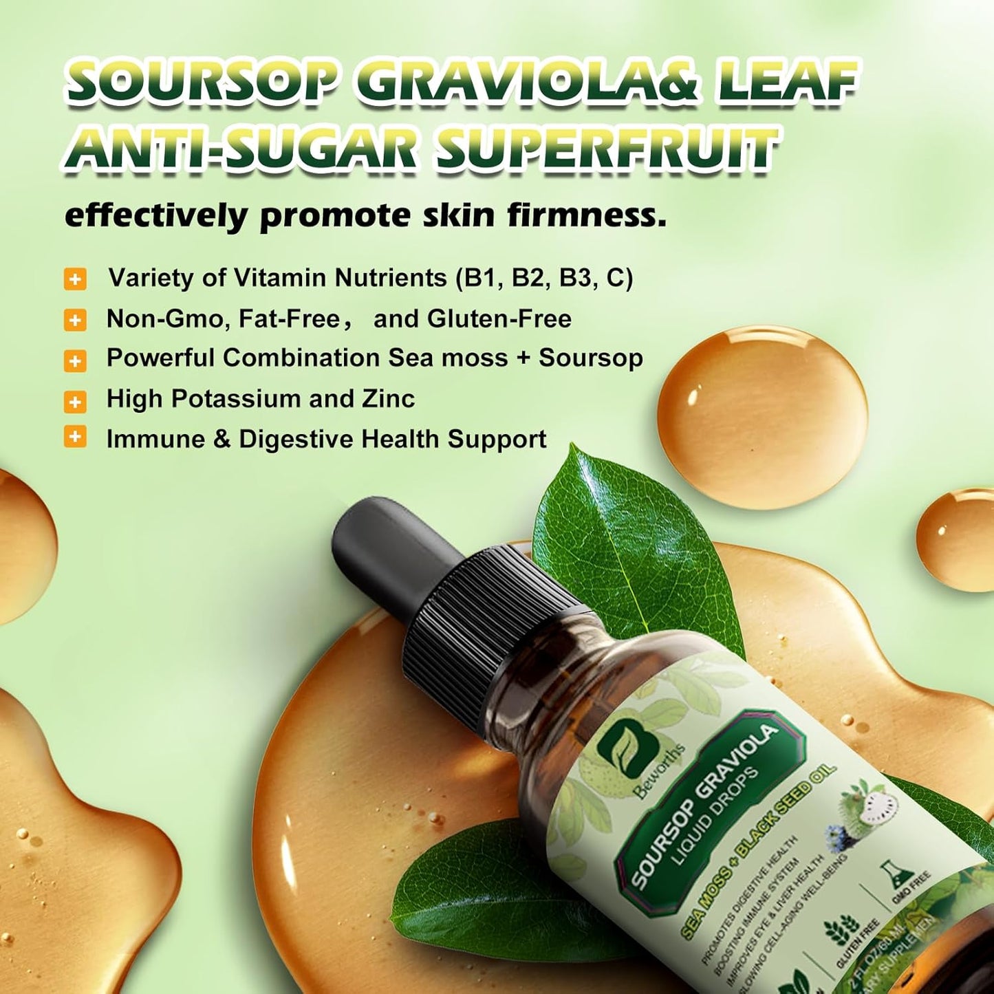 Soursop Bitters Liquid Drops with Sea Moss Black Seed Oil - Antioxidant Support for Gut Cleanse, Detox & Immunity