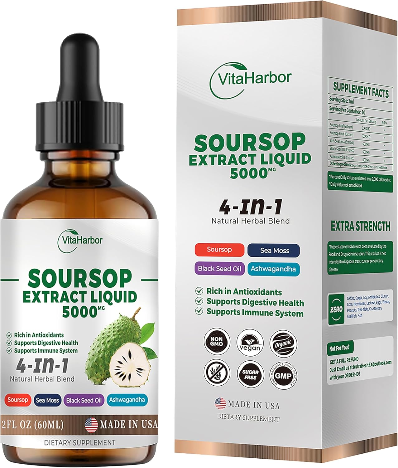 Soursop Bitters Liquid with Sea Moss, Black Seed Oil, & Ashwagandha - Immune & Digestive Support - 2 Fl oz Vegan Formula