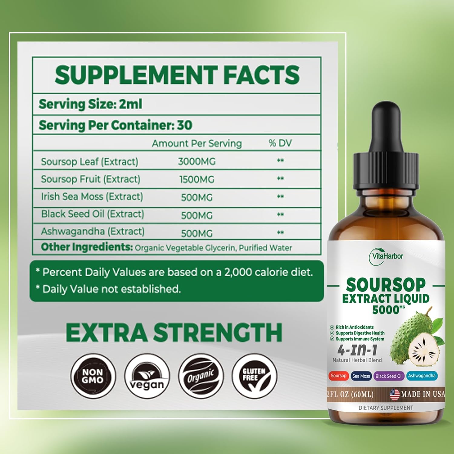 Soursop Bitters Liquid with Sea Moss, Black Seed Oil, & Ashwagandha - Immune & Digestive Support - 2 Fl oz Vegan Formula