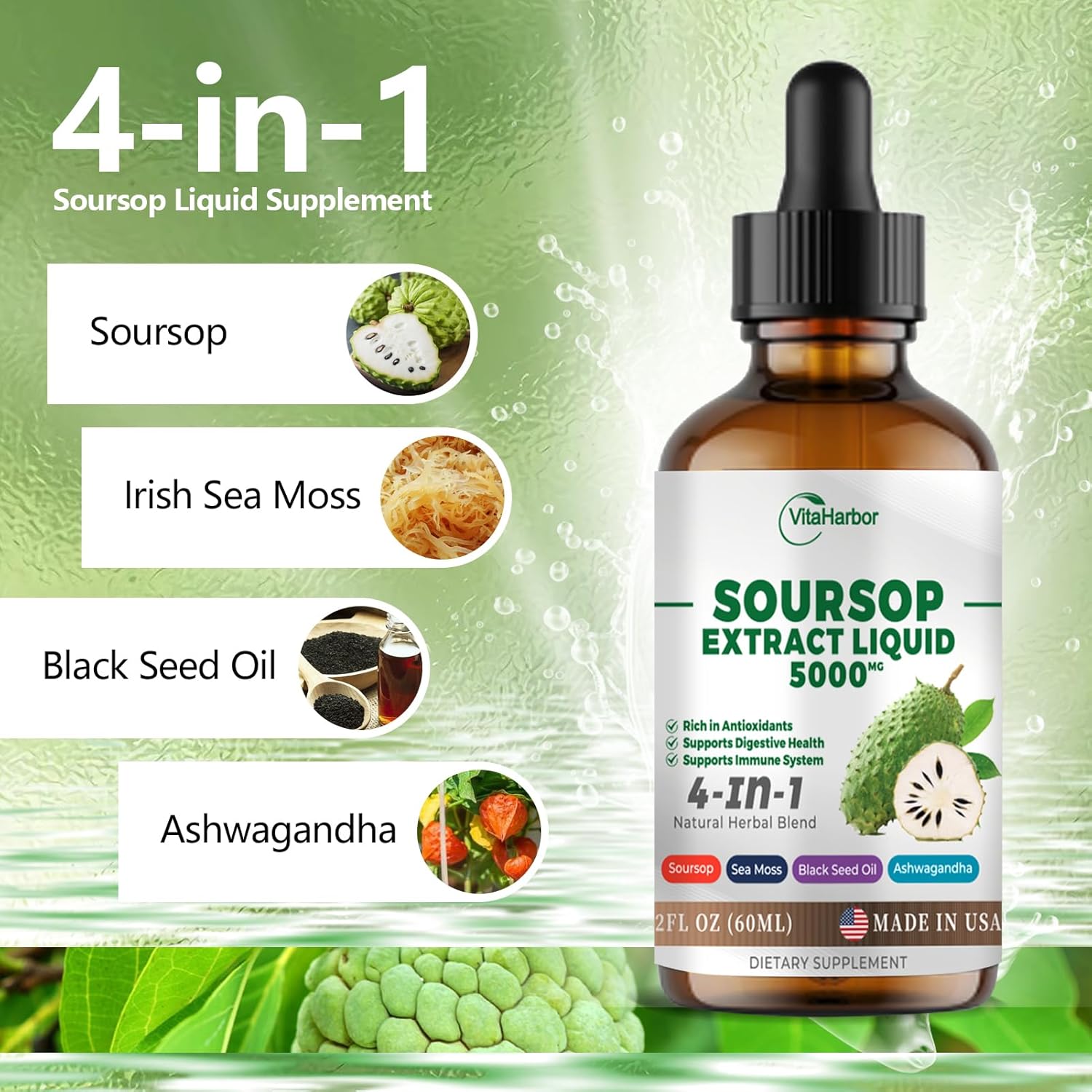 Soursop Bitters Liquid with Sea Moss, Black Seed Oil, & Ashwagandha - Immune & Digestive Support - 2 Fl oz Vegan Formula