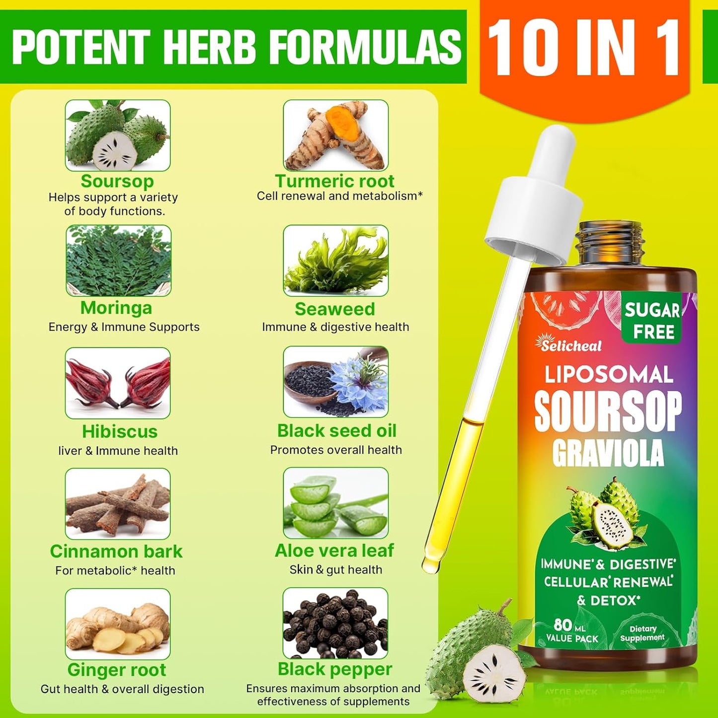 Soursop Bitters Liquid with Sea Moss & Leaf Extract for Immunity & Cell Support - 2.8 Fl Oz - 80 Days Supply