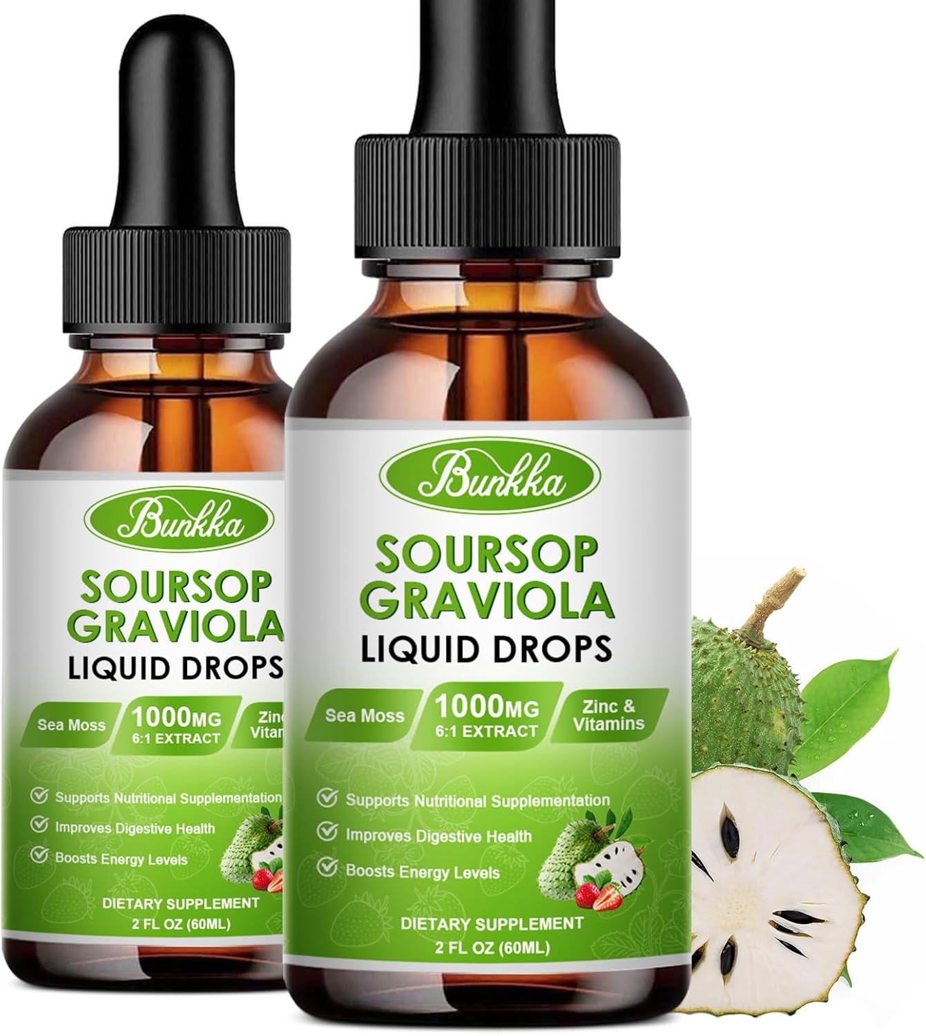 Soursop Graviola Bitters Liquid Drops (4 fl oz) with Sea Moss for Cell Support, Immunity Boost, Liver Health, Sleep Aid - Strawberry Flavor, Sugar/Gluten Free