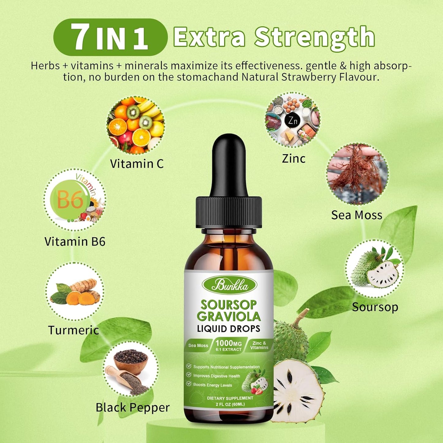 Soursop Graviola Bitters Liquid Drops (4 fl oz) with Sea Moss for Cell Support, Immunity Boost, Liver Health, Sleep Aid - Strawberry Flavor, Sugar/Gluten Free