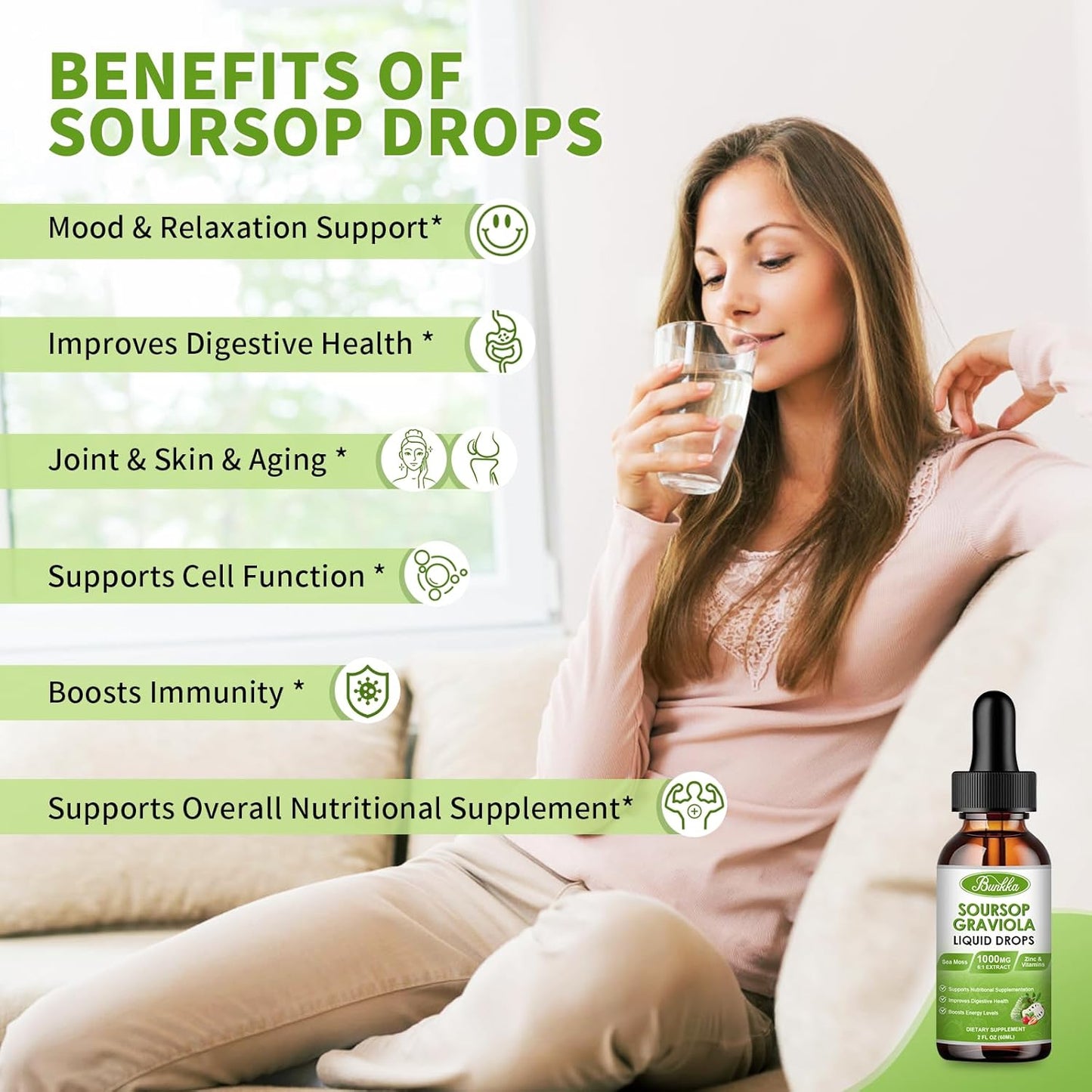 Soursop Graviola Bitters Liquid Drops (4 fl oz) with Sea Moss for Cell Support, Immunity Boost, Liver Health, Sleep Aid - Strawberry Flavor, Sugar/Gluten Free