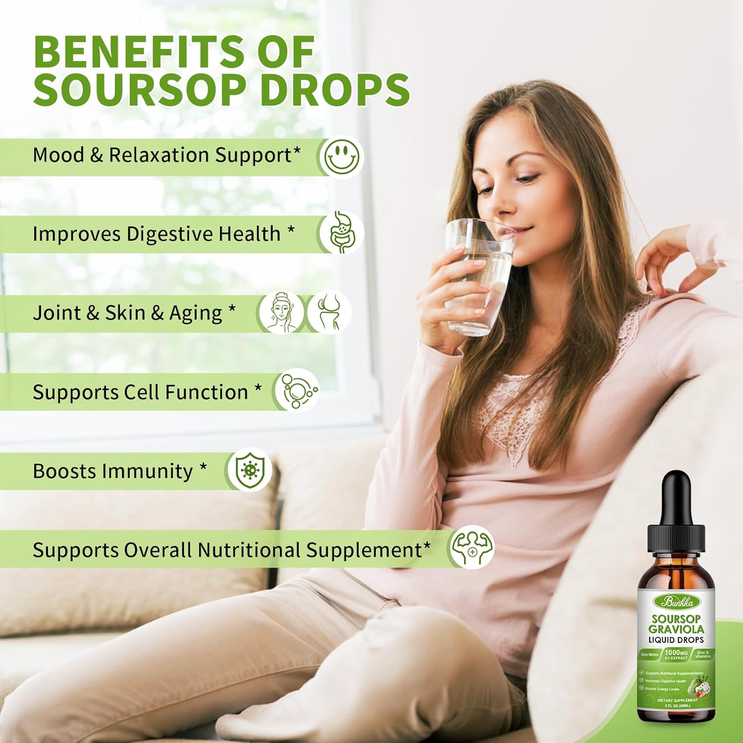 Soursop Graviola Bitters Liquid Drops (4 fl oz) with Sea Moss for Cell Support, Immunity Boost, Liver Health, Sleep Aid - Strawberry Flavor, Sugar/Gluten Free