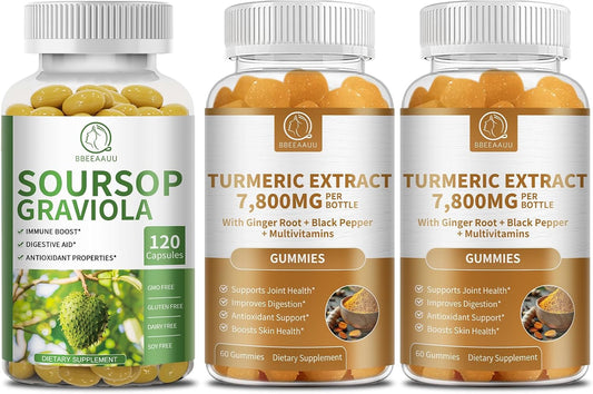 Soursop Graviola Capsules and Turmeric Gummies by BBEEAAUU - Natural Supplements for Health and Wellness