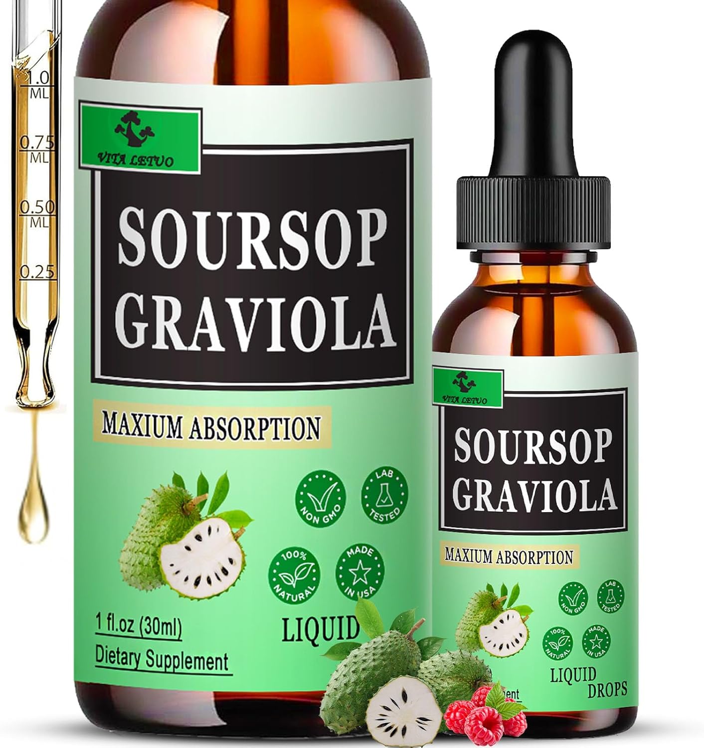 Soursop Graviola Complex Liquid Drops - Immune & Digestive Support for Men & Women - 1500mg Soursop Leaves, 500mg Fruit - Vita Letuo Formula
