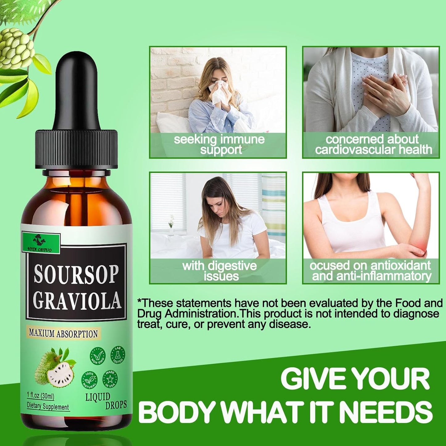 Soursop Graviola Complex Liquid Drops - Immune & Digestive Support for Men & Women - 1500mg Soursop Leaves, 500mg Fruit - Vita Letuo Formula