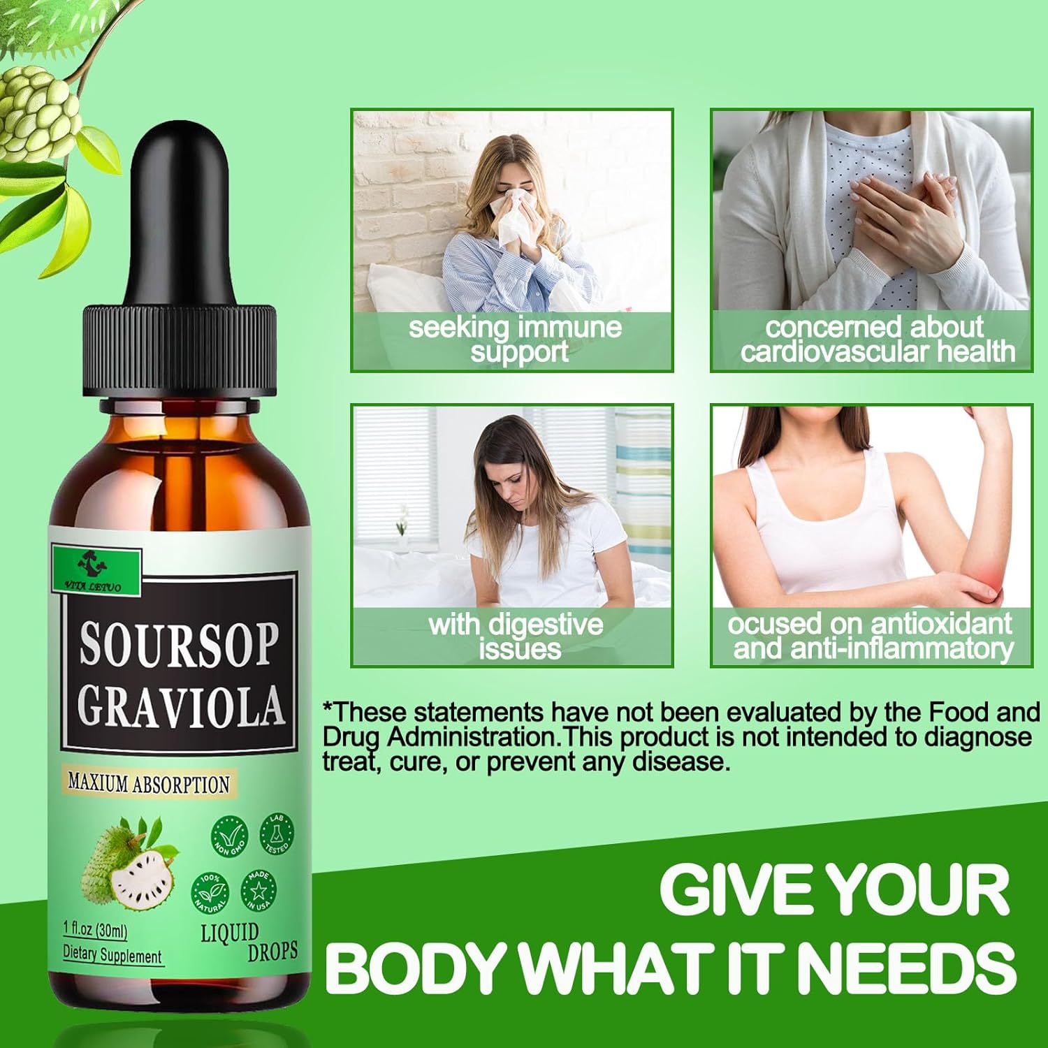 Soursop Graviola Complex Liquid Drops - Immune & Digestive Support for Men & Women - 1500mg Soursop Leaves, 500mg Fruit - Vita Letuo Formula
