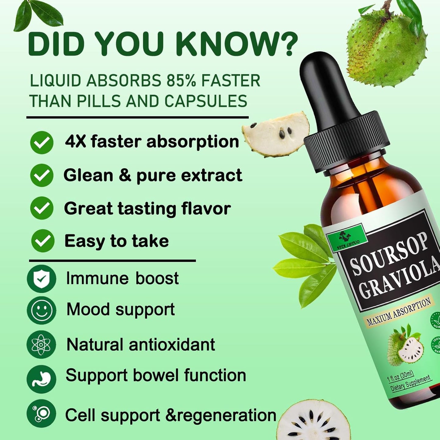 Soursop Graviola Complex Liquid Drops - Immune & Digestive Support for Men & Women - 1500mg Soursop Leaves, 500mg Fruit - Vita Letuo Formula