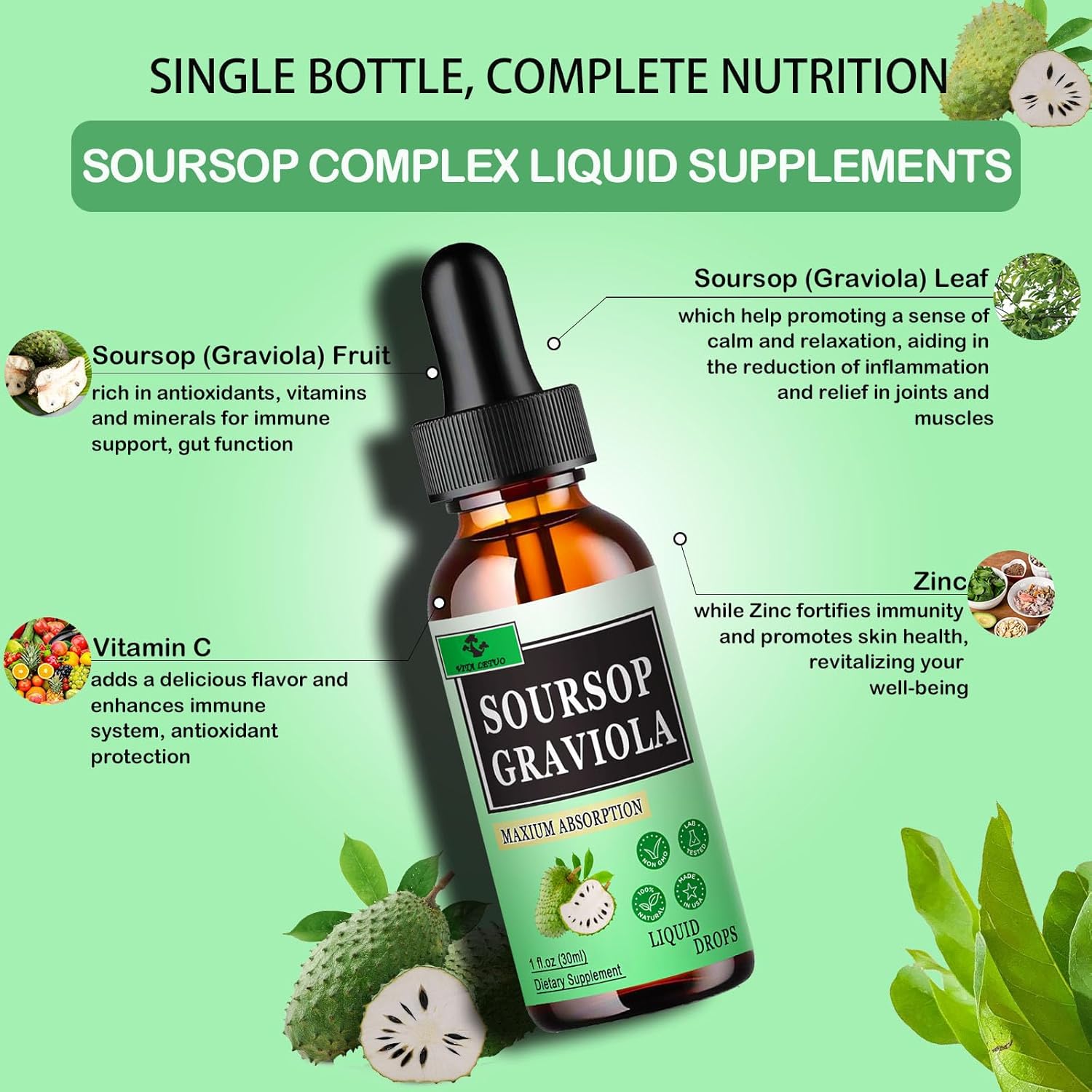 Soursop Graviola Complex Liquid Drops - Immune & Digestive Support for Men & Women - 1500mg Soursop Leaves, 500mg Fruit - Vita Letuo Formula