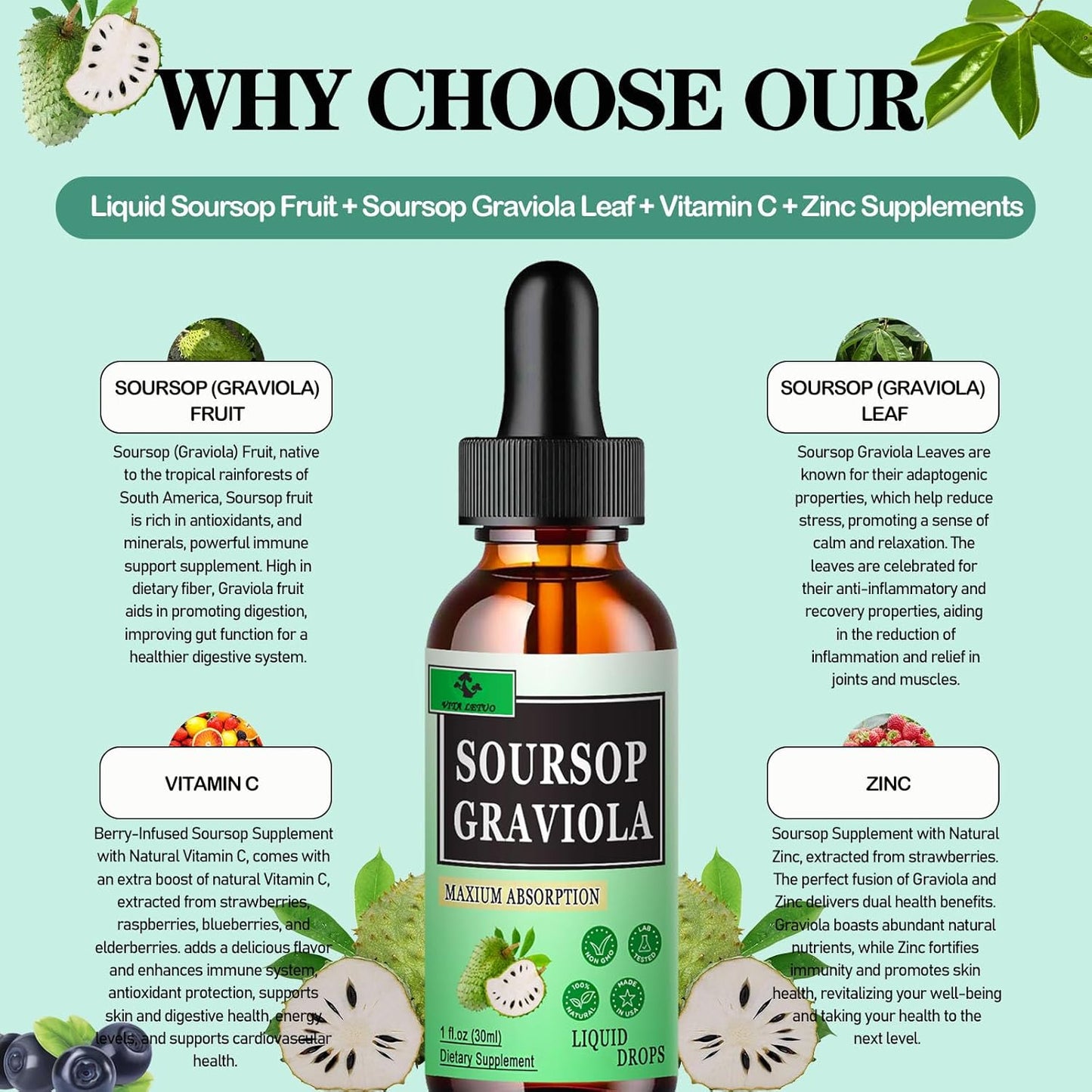 Soursop Graviola Complex Liquid Drops - Immune & Digestive Support for Men & Women - 1500mg Soursop Leaves, 500mg Fruit - Vita Letuo Formula