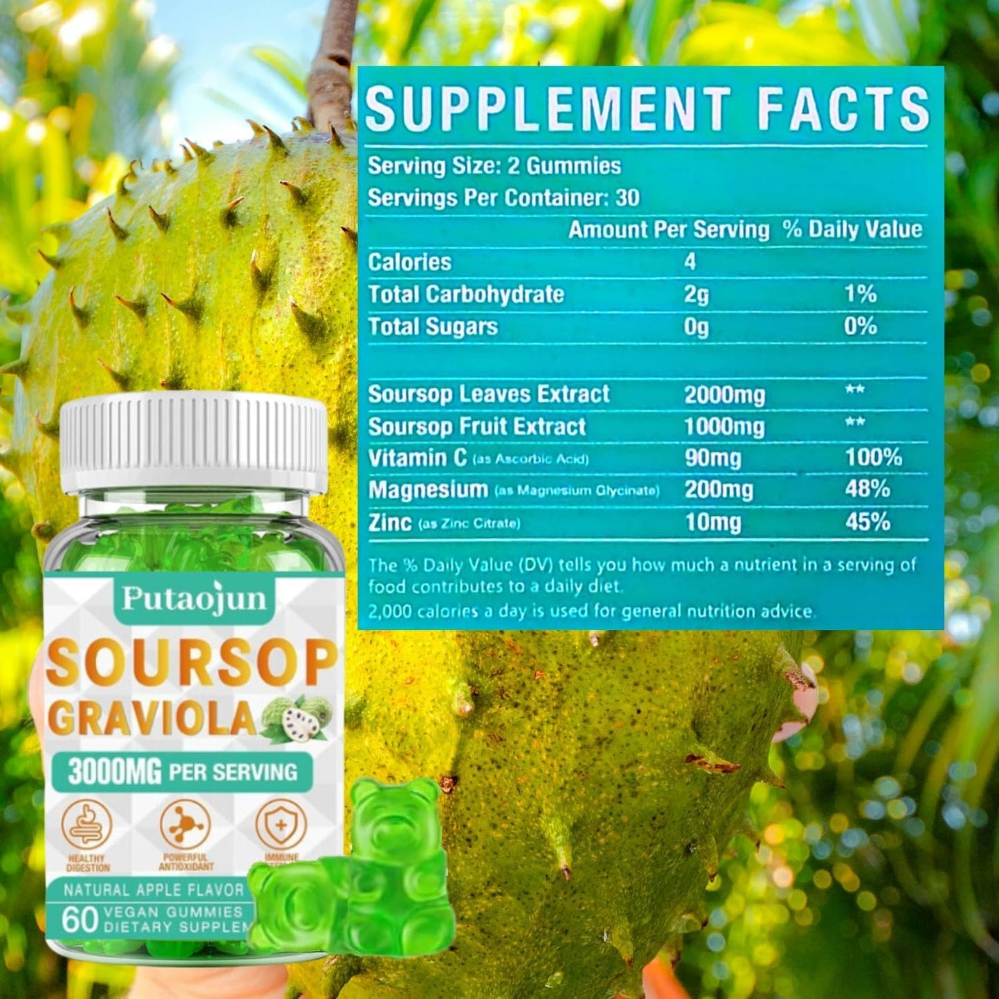 Soursop Graviola Extract 2000 MG | Soursop Leaves & Fruit Gummies for Adults | Non-GMO Vegan Supplement Pack of 2