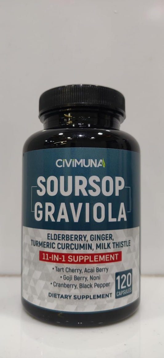 Soursop Graviola Extract Capsules with Elderberry, Turmeric, Ginger, Milk Thistle - 120 Capsules for 4 Months Supply