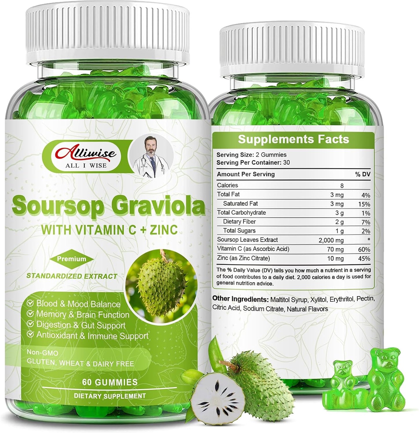 Soursop Graviola Gummies Supplement with Vitamins C & Zinc for Immunity, Antioxidant, Energy - Alliwise Fruit Extract for Men & Women