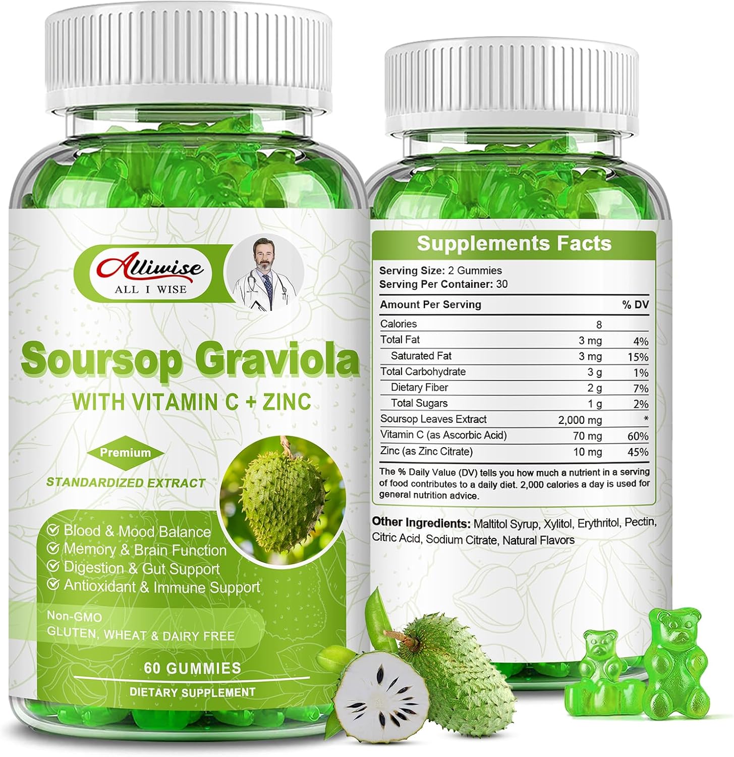 Soursop Graviola Gummies Supplement with Vitamins C & Zinc for Immunity, Antioxidant, Energy - Alliwise Fruit Extract for Men & Women
