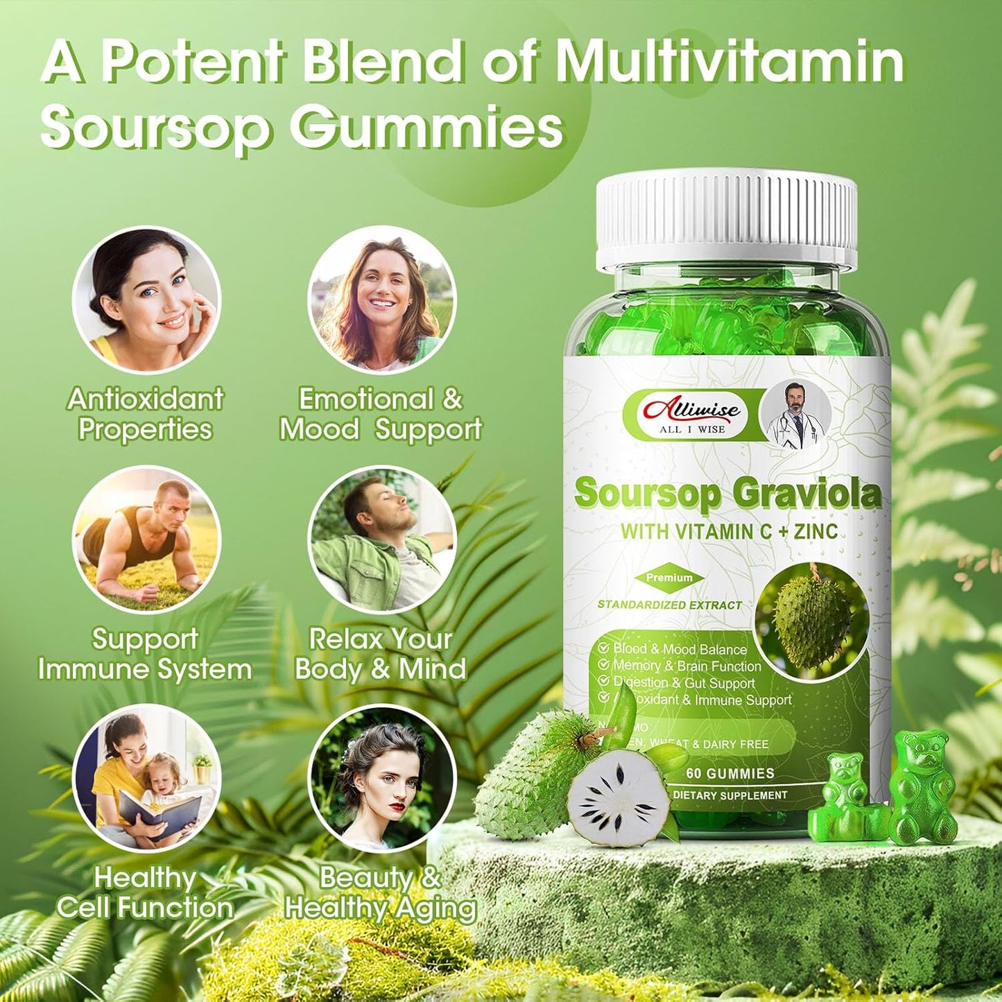 Soursop Graviola Gummies Supplement with Vitamins C & Zinc for Immunity, Antioxidant, Energy - Alliwise Fruit Extract for Men & Women