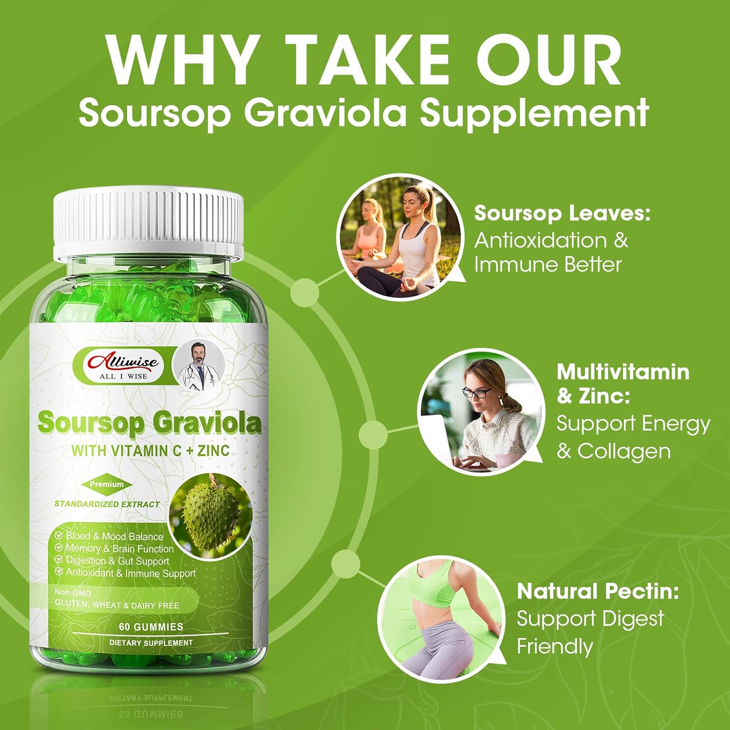 Soursop Graviola Gummies Supplement with Vitamins C & Zinc for Immunity, Antioxidant, Energy - Alliwise Fruit Extract for Men & Women