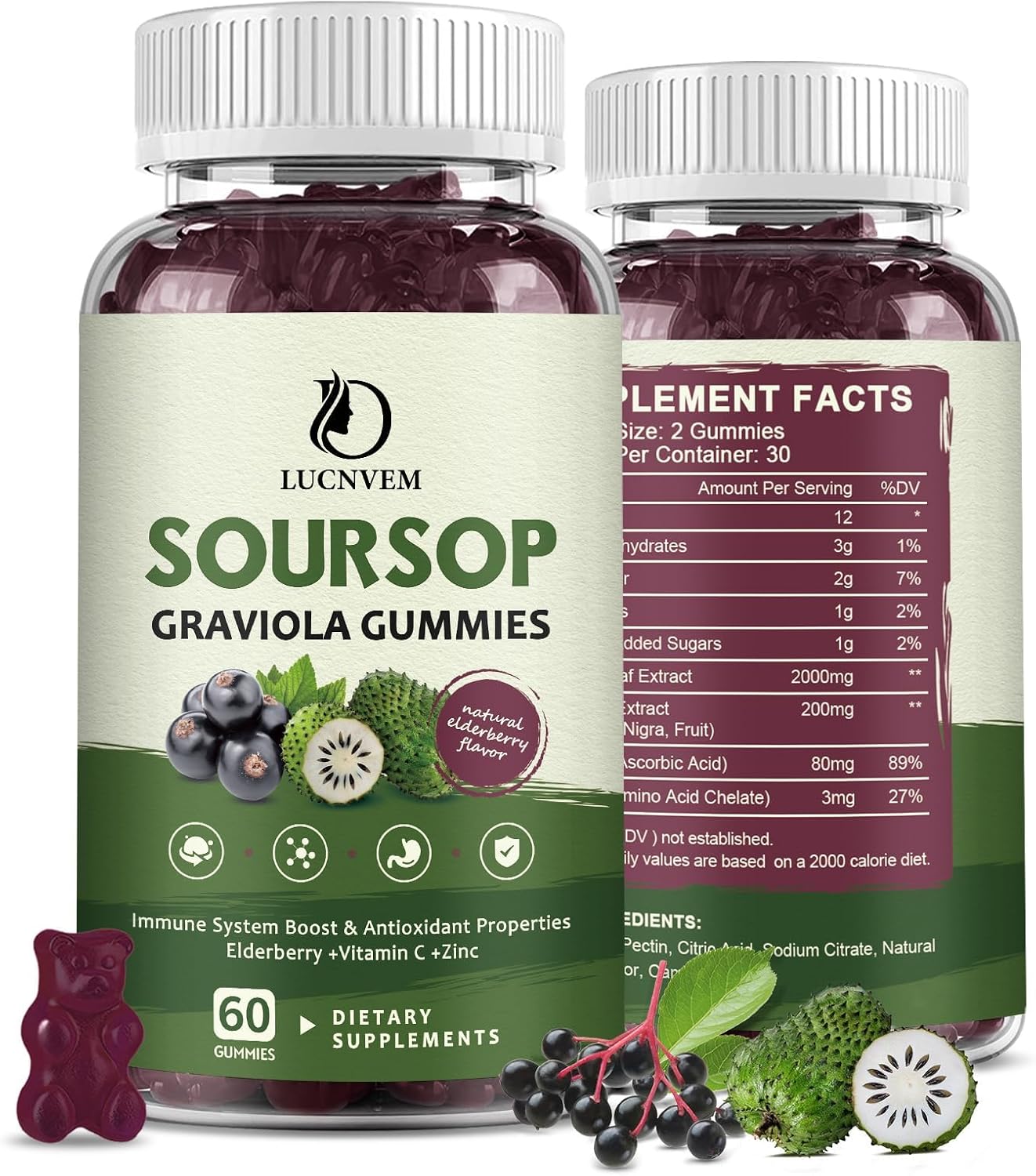 Soursop Graviola Gummies with Elderberry Extract - Multivitamin Antioxidant Support for Immune Health - 30 Day Supply