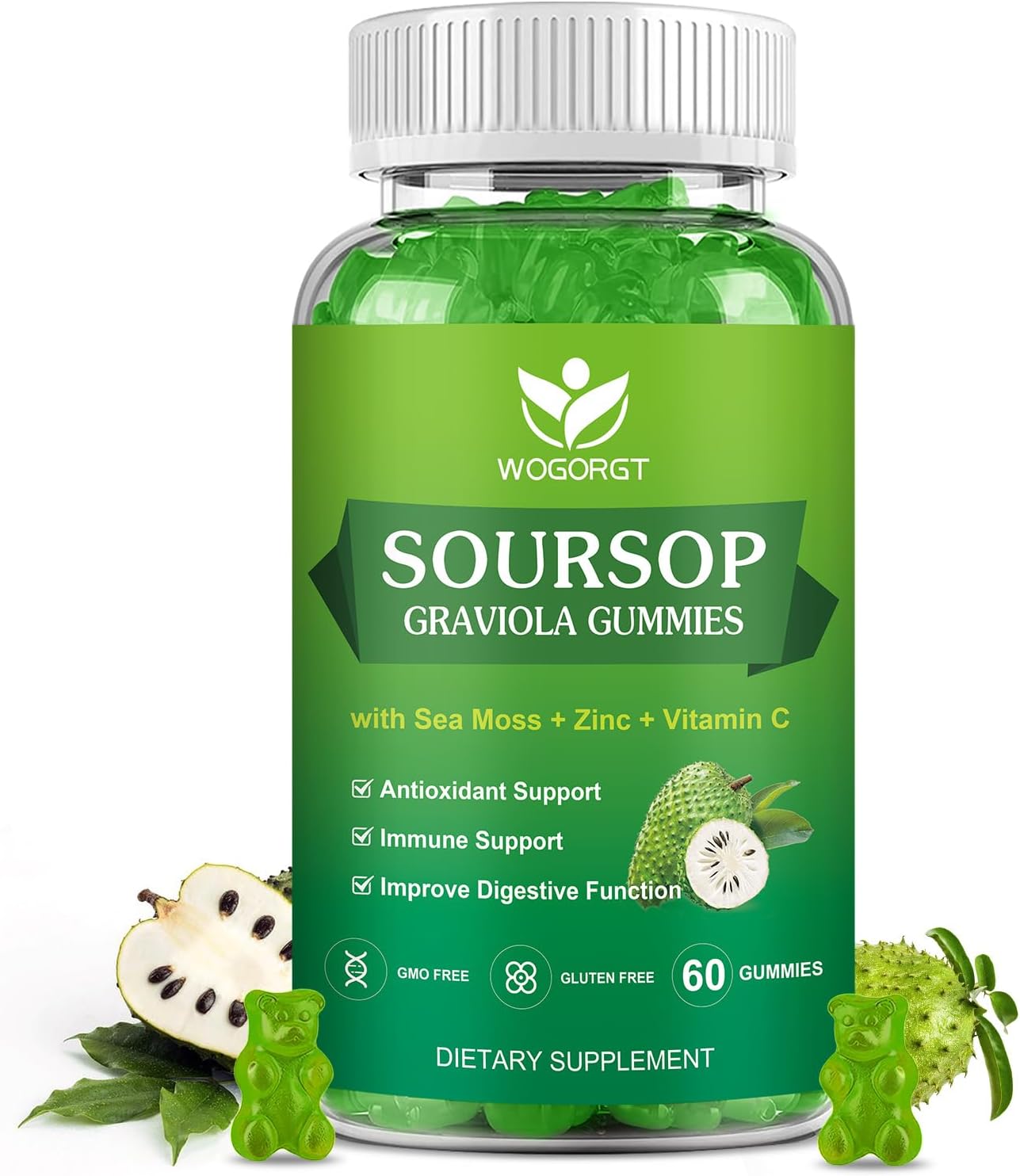 Soursop Graviola Gummies with Sea Moss Extract - Antioxidant & Immune Support - Vegan Apple Multivitamin Gummies - 60 Gummies
