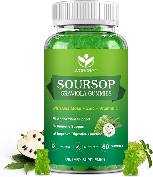 Soursop Graviola Gummies with Sea Moss Extract - Antioxidant & Immune Support - Vegan Apple Multivitamin Gummies - 60 Gummies