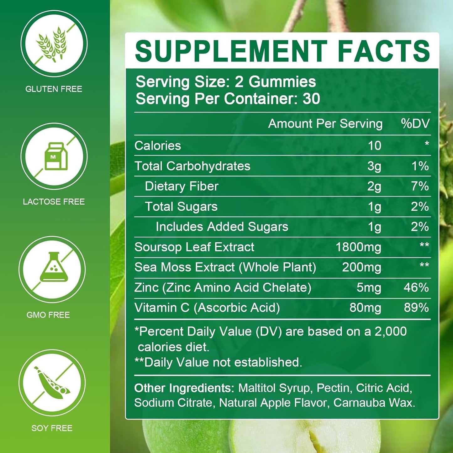 Soursop Graviola Gummies with Sea Moss Extract - Antioxidant & Immune Support - Vegan Apple Multivitamin Gummies - 60 Gummies