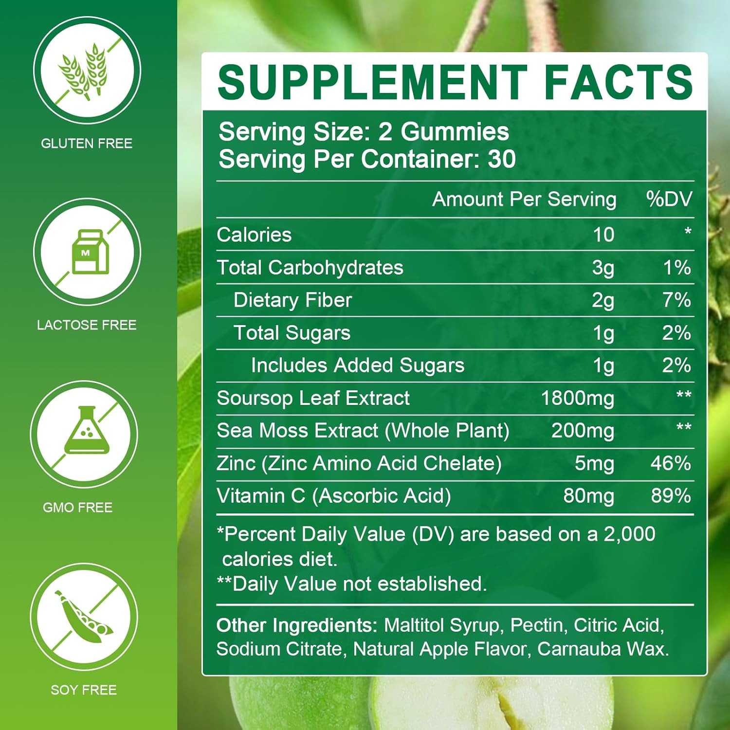 Soursop Graviola Gummies with Sea Moss Extract - Antioxidant & Immune Support - Vegan Apple Multivitamin Gummies - 60 Gummies