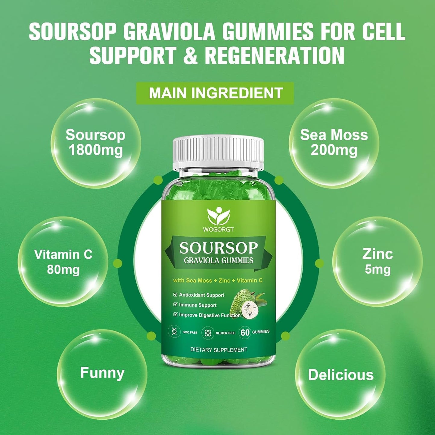 Soursop Graviola Gummies with Sea Moss Extract - Antioxidant & Immune Support - Vegan Apple Multivitamin Gummies - 60 Gummies