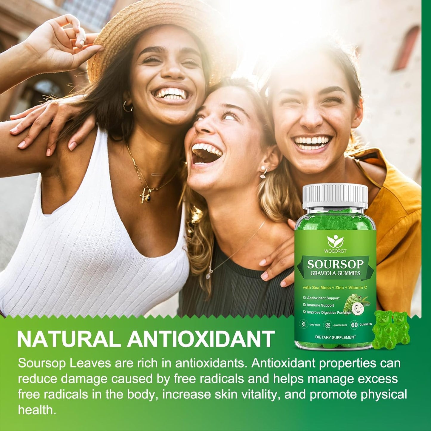 Soursop Graviola Gummies with Sea Moss Extract - Antioxidant & Immune Support - Vegan Apple Multivitamin Gummies - 60 Gummies