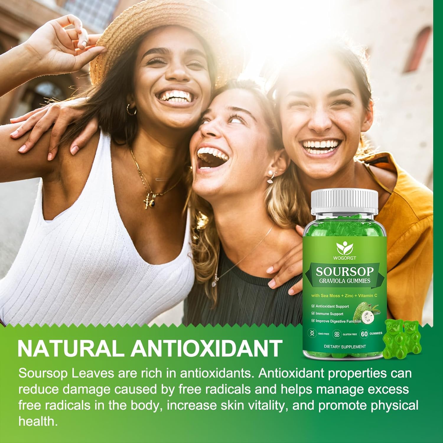 Soursop Graviola Gummies with Sea Moss Extract - Antioxidant & Immune Support - Vegan Apple Multivitamin Gummies - 60 Gummies