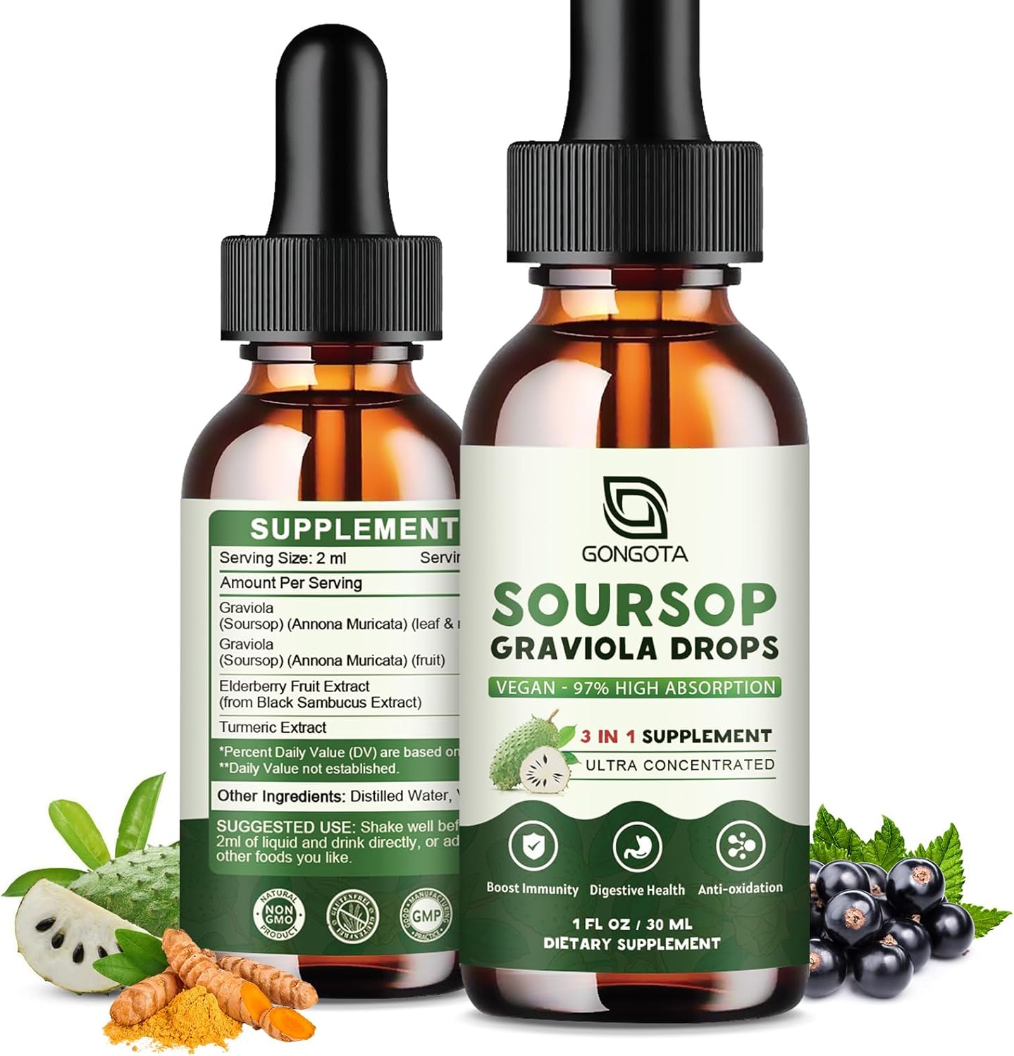 Soursop Graviola Leaf Extract Drops for Cellular and Digestive Support - Vegan Herbal Essence with Antioxidants - 2 fl oz