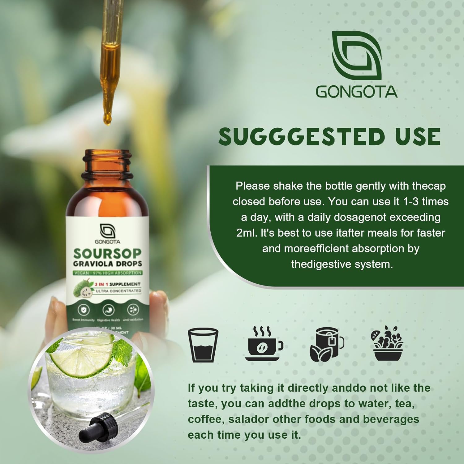Soursop Graviola Leaf Extract Drops for Cellular and Digestive Support - Vegan Herbal Essence with Antioxidants - 2 fl oz