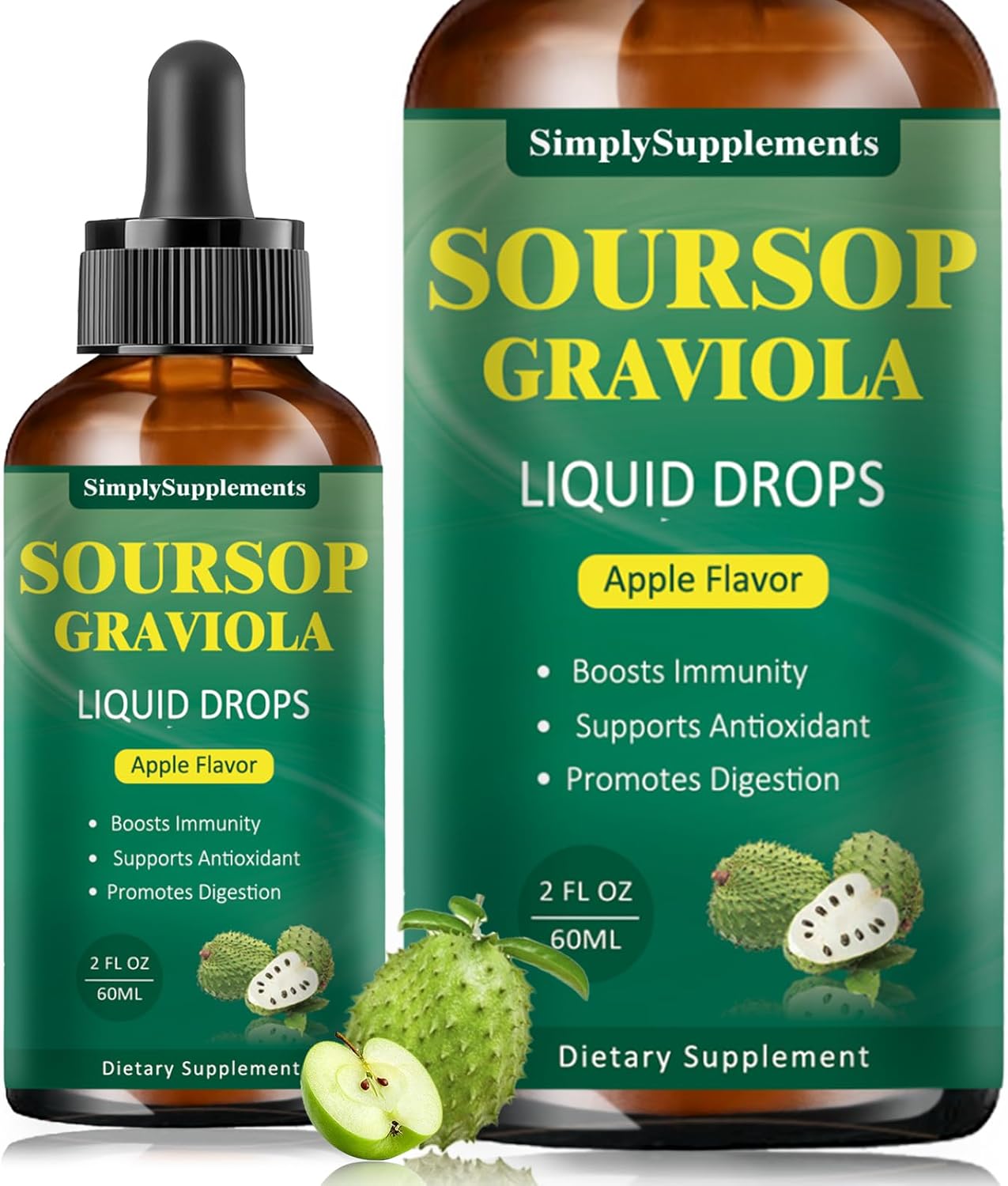 Soursop Graviola Leaf Extract Liquid Drops for Cell Support, Immune Boost, and Sleep - Apple Flavored 2 Fl Oz